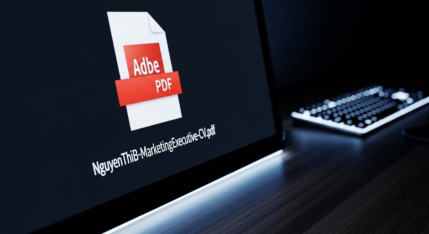 Biểu tượng file PDF của CV 'NguyenThiB-MarketingExecutive-CV.pdf' trên màn hình máy tính, ví dụ về tài liệu đính kèm khi tìm hiểu cách viết email ứng tuyển chuyên nghiệp.