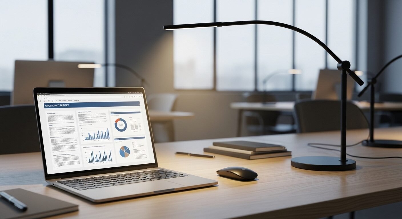 Không gian làm việc hiện đại với laptop hiển thị mẫu báo cáo thử việc chuyên nghiệp, cùng chuột không dây và đèn bàn tinh tế.