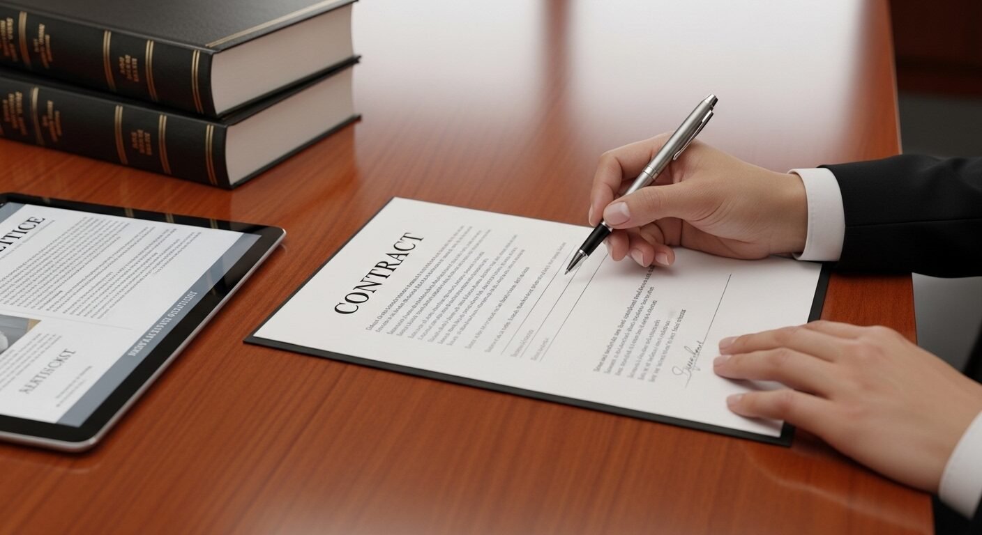 Bàn tay cầm bút trên hợp đồng pháp lý, bên cạnh là sách và máy tính bảng, minh họa kỹ năng pháp chế chuyên nghiệp và cần thiết.