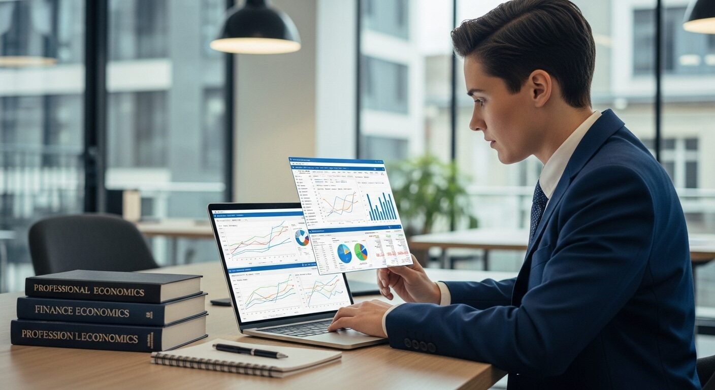 Chuyên gia trẻ chuyên nghiệp mặc đồ công sở, tập trung phân tích báo cáo tài chính trên laptop tại bàn làm việc hiện đại, minh họa môi trường làm việc lý tưởng cho tuyển dụng ngành ngân hàng.