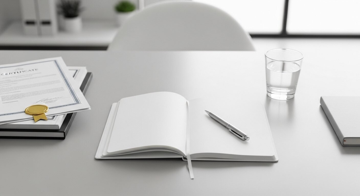 Bàn làm việc chuyên nghiệp, gọn gàng với sổ tay, bút, tài liệu và chứng chỉ, sẵn sàng cho các câu hỏi phỏng vấn ngân hàng. Bàn làm việc chuyên nghiệp, gọn gàng với sổ tay, bút, tài liệu và chứng chỉ, sẵn sàng cho các câu hỏi phỏng vấn ngân hàng.