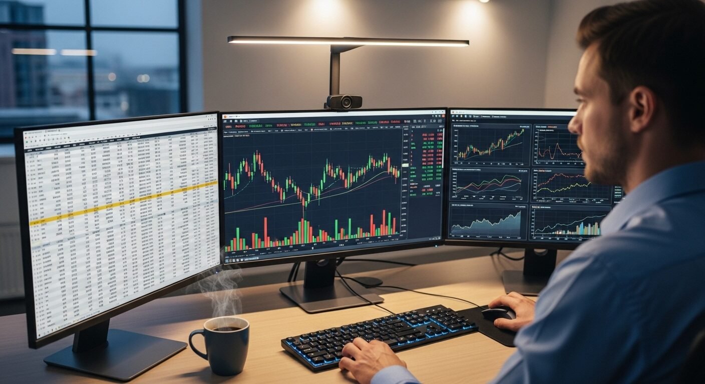 Một chuyên gia Ngành Tài chính Ngân hàng đang tập trung phân tích biểu đồ thị trường chứng khoán và dữ liệu kinh tế trên ba màn hình tại văn phòng chuyên nghiệp. Một chuyên gia Ngành Tài chính Ngân hàng đang tập trung phân tích biểu đồ thị trường chứng khoán và dữ liệu kinh tế trên ba màn hình tại văn phòng chuyên nghiệp.