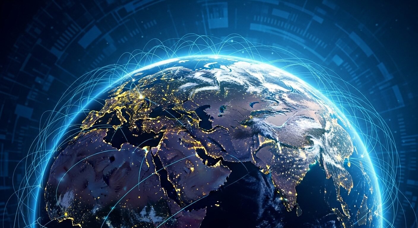 Hình ảnh Trái Đất kỹ thuật số với dòng dữ liệu và mạng lưới tài chính toàn cầu kết nối các trung tâm kinh tế. Minh họa rõ nét về môi trường làm việc và tiềm năng phát triển khi bạn cân nhắc Học tài chính ngân hàng ra làm gì.