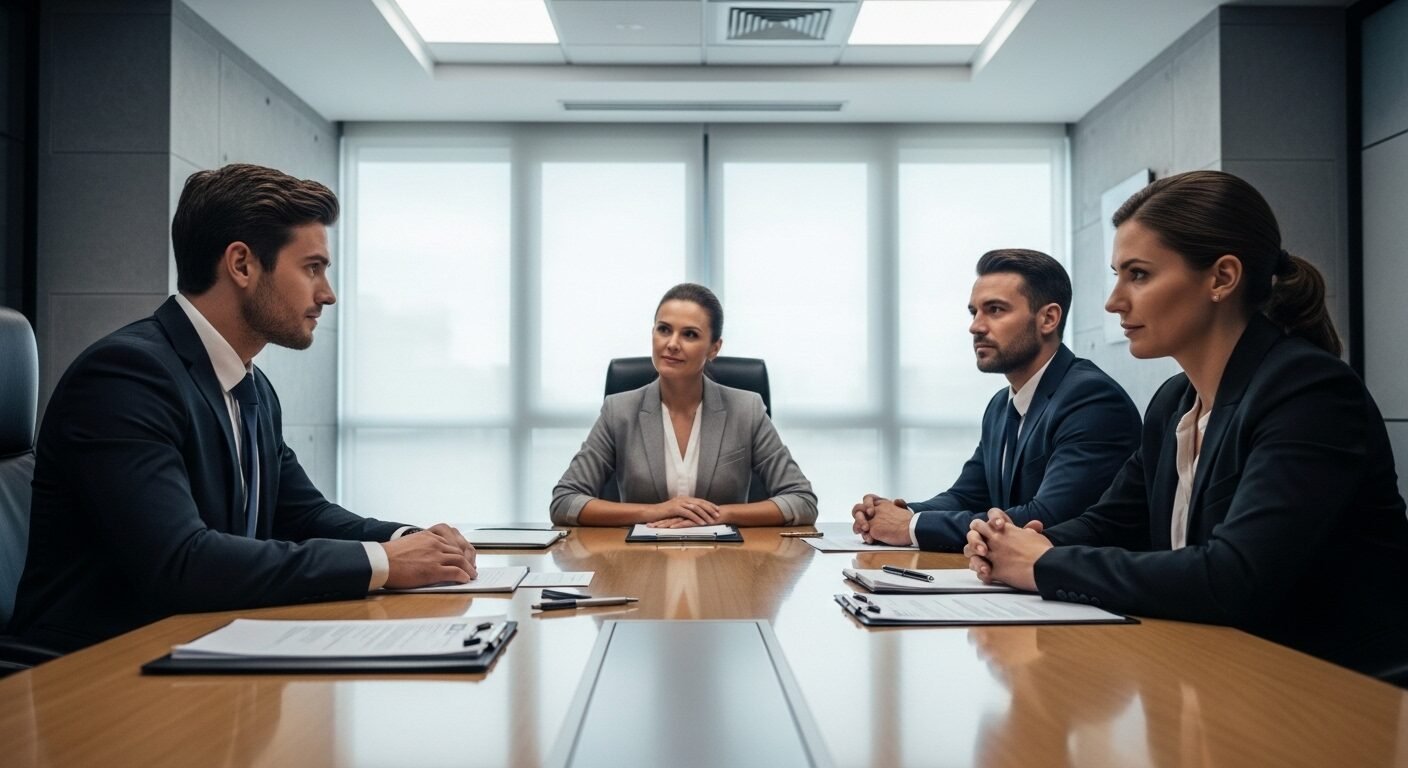 Buổi phỏng vấn trang trọng cho ứng viên chuyên nghiệp, thể hiện sự chuẩn bị kỹ lưỡng sau khi nắm rõ Điều kiện ứng tuyển Ngân hàng Nhà nước 2023.