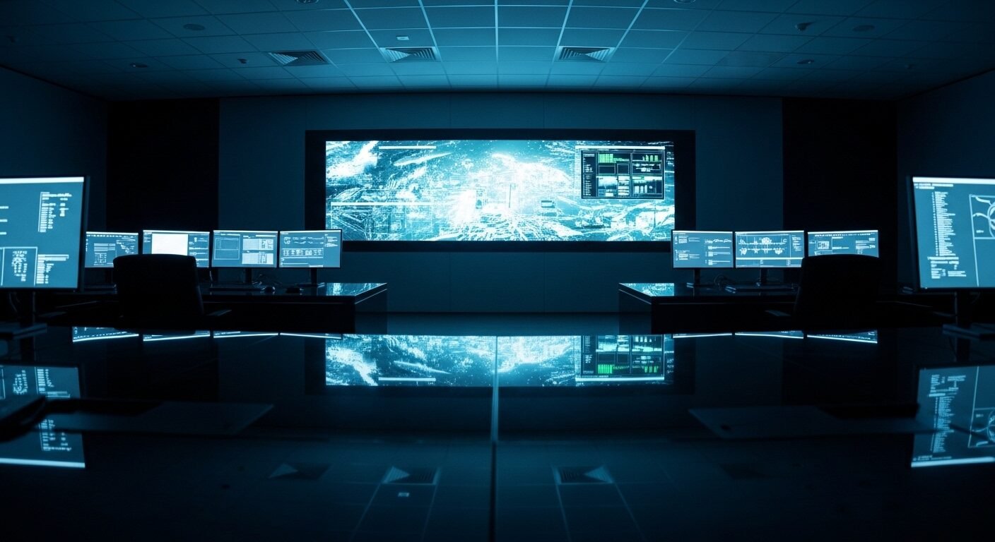 Trung tâm điều hành ngân hàng hiện đại với màn hình hiển thị dữ liệu tài chính phức tạp, rất quan trọng cho các câu hỏi phỏng vấn ngân hàng.