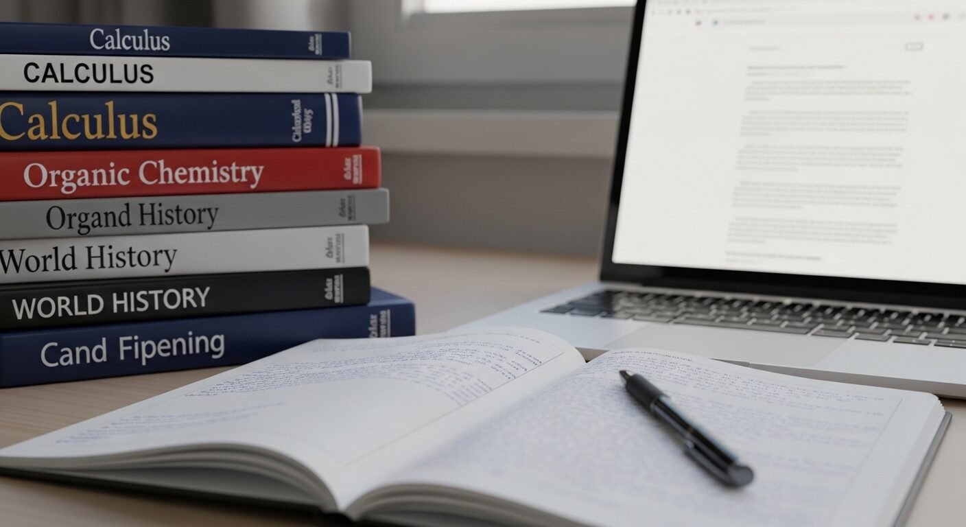 Bàn học tập trung với sách, laptop, ghi chú. Môi trường lý tưởng cho sinh viên tìm hiểu thông tin quan trọng như điểm sàn ngành luật khi chuẩn bị cho kỳ tuyển sinh.