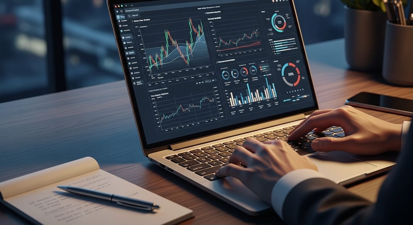 Bàn làm việc chuyên nghiệp với laptop hiển thị biểu đồ tài chính, thể hiện kỹ năng phân tích dữ liệu từ một sinh viên hoặc chuyên gia tốt nghiệp trường đại học kinh tế tốt nhất miền bắc.