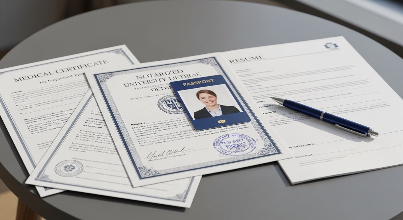 Các giấy tờ quan trọng như bằng đại học công chứng, giấy khám sức khỏe và ảnh thẻ, được sắp xếp gọn gàng trên mặt bàn xám sạch sẽ. Các giấy tờ quan trọng như bằng đại học công chứng, giấy khám sức khỏe và ảnh thẻ, được sắp xếp gọn gàng trên mặt bàn xám sạch sẽ.