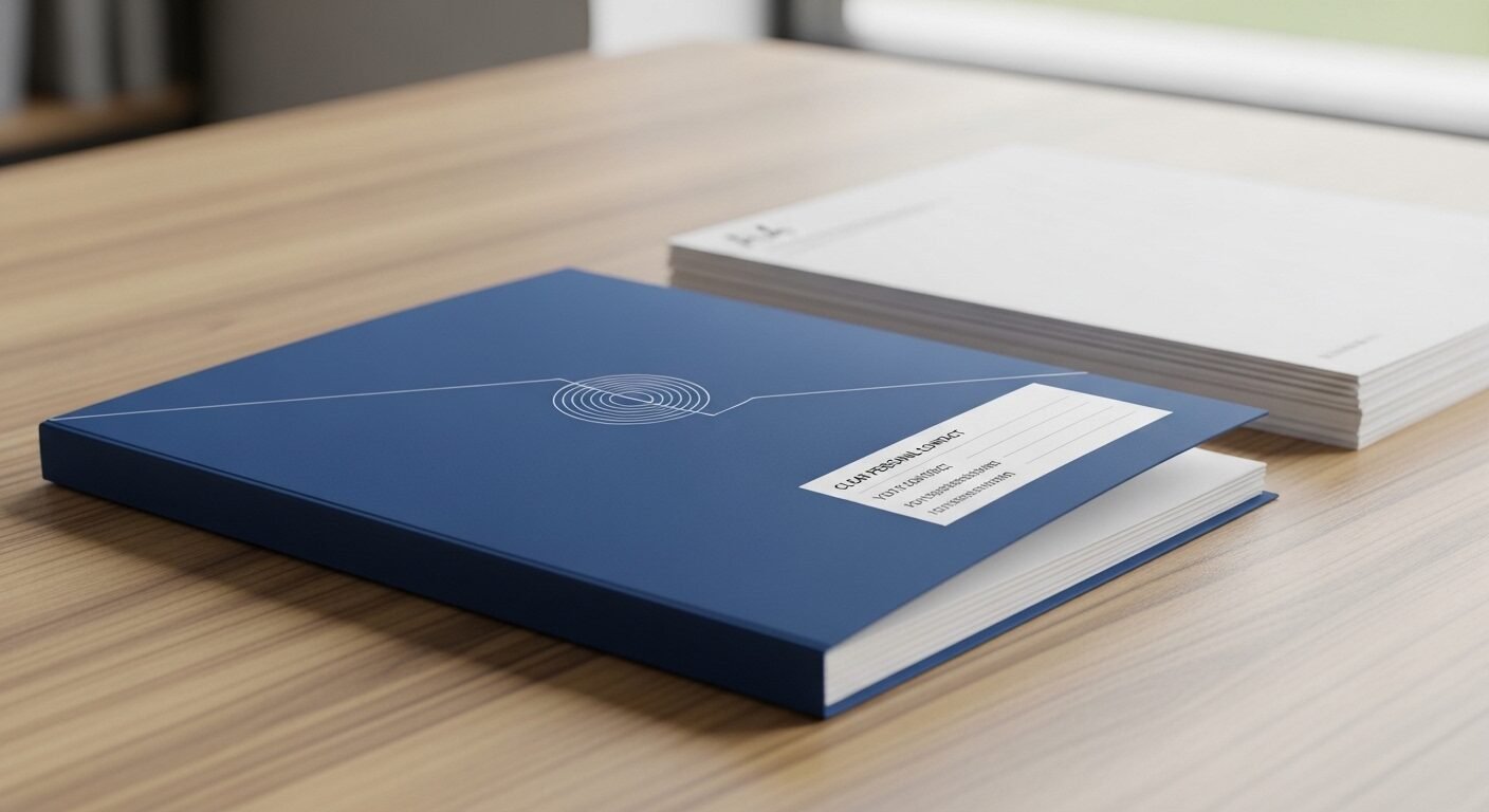 Túi hồ sơ xin việc màu xanh đậm, thiết kế riêng với thông tin liên hệ rõ ràng, đặt trên bàn gỗ sáng cạnh chồng giấy A4 sẵn sàng.