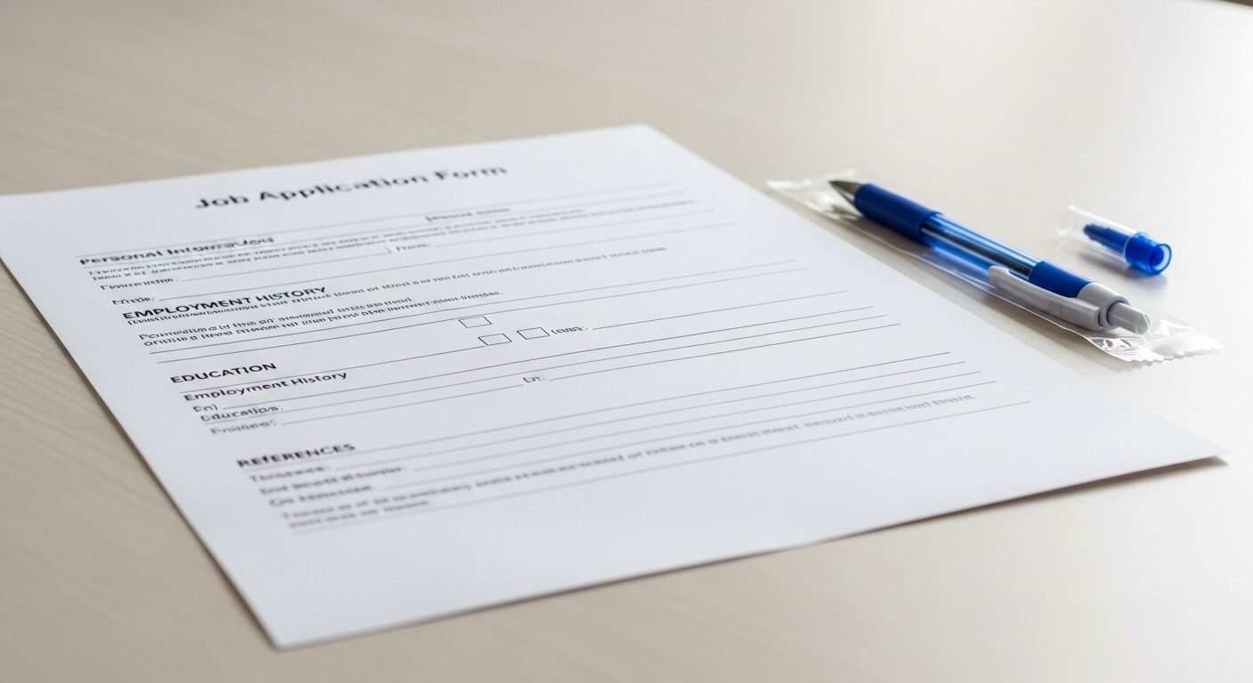 Mẫu hồ sơ xin việc viết sẵn trống, mới tinh trên bàn sạch, kèm bút mới chưa mở, sẵn sàng để điền.