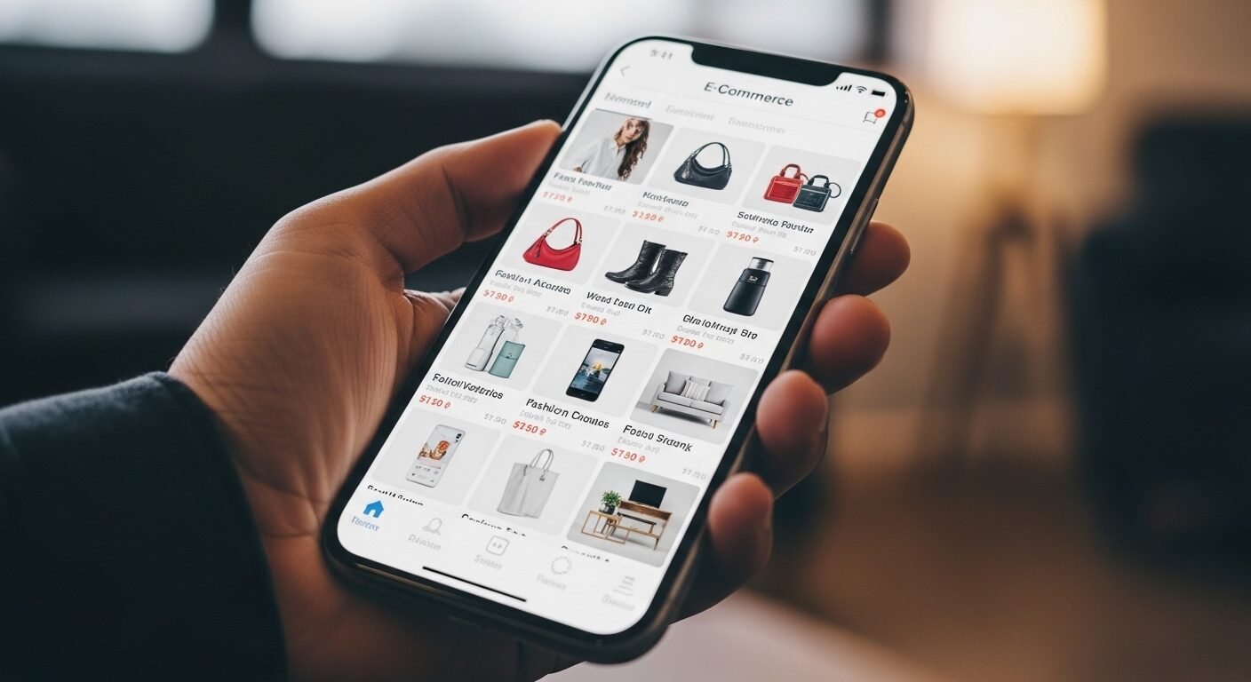 Bàn tay cầm điện thoại thông minh hiển thị nền tảng Tiki với đa dạng sản phẩm, gợi mở về trải nghiệm và cơ hội tại đây, bao gồm cả việc nộp hồ sơ xin việc Tiki.