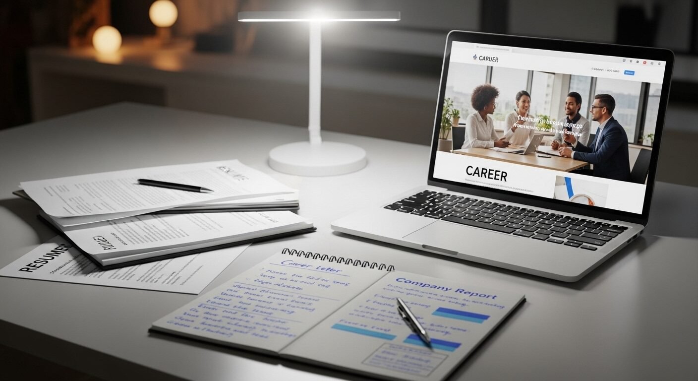 Bàn làm việc gọn gàng, chuyên nghiệp với laptop hiển thị trang web tuyển dụng, ghi chú và chồng tài liệu, chuẩn bị cho hồ sơ xin việc Hồng Hải, thể hiện sự tập trung.