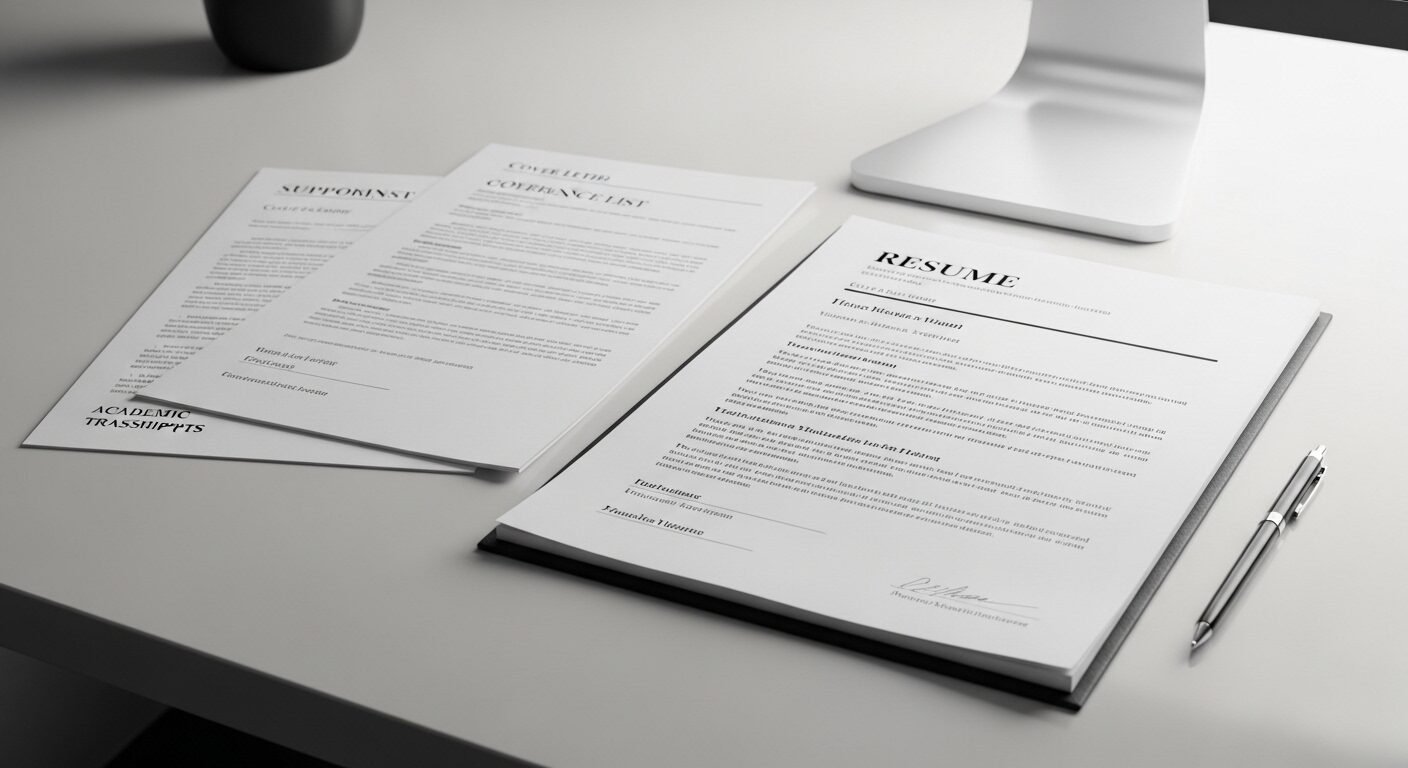 Bộ hồ sơ xin việc chuyên nghiệp, bao gồm CV và các tài liệu được sắp xếp tỉ mỉ trên bàn làm việc sáng màu, minh họa cách viết hồ sơ xin việc Vinmart ấn tượng và kỹ lưỡng.