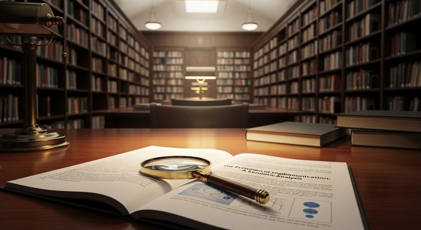 Góc thư viện đại học yên tĩnh với sách chuyên ngành truyền thông, kính lúp trên bài nghiên cứu, phản ánh môi trường học thuật chuyên sâu của một trường đào tạo ngành truyền thông tốt nhất thế giới.