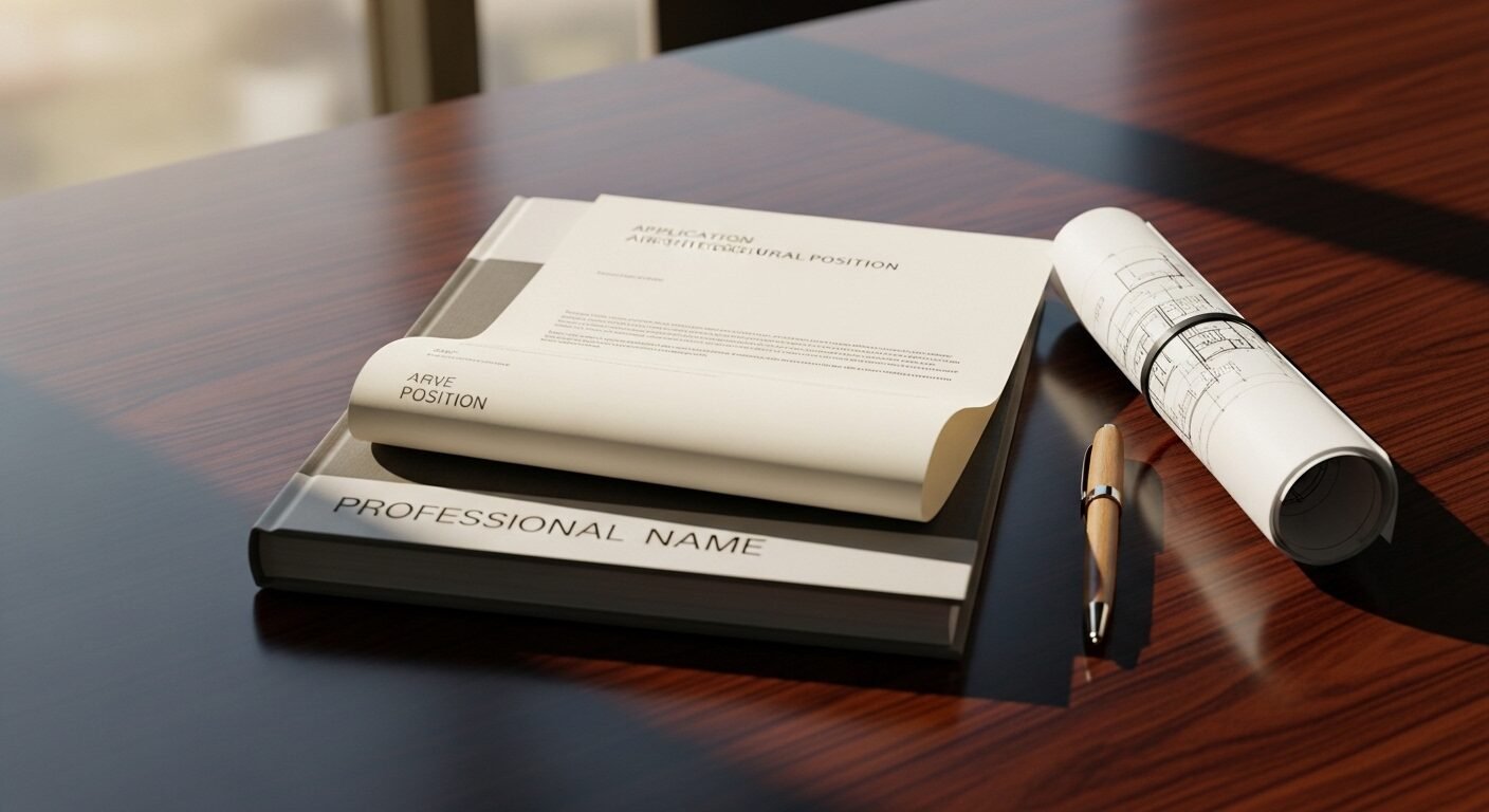 Hồ sơ xin việc kiến trúc sư chuyên nghiệp, gồm portfolio và thư xin việc, đặt gọn trên bàn gỗ.