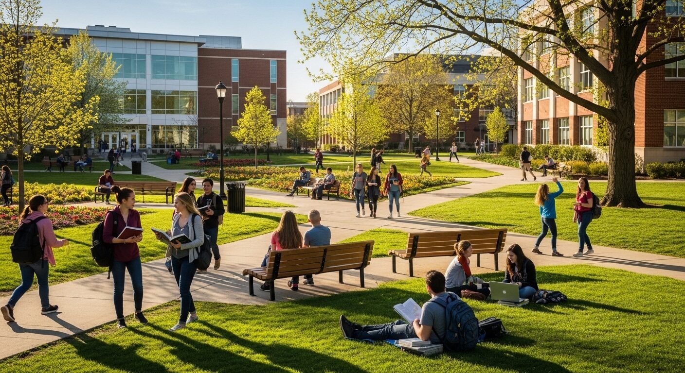 Sinh viên Đại học New South Wales năng động trên khuôn viên trường, đi bộ, trò chuyện và thư giãn giữa các tòa nhà hiện đại trong không khí tươi sáng.