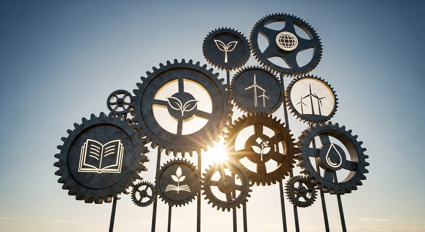 Bánh răng cách điệu lồng vào nhau tượng trưng cho giáo dục và phát triển bền vững, chiếu sáng rạng rỡ từ phía sau, hướng lên bầu trời trong xanh. Hình ảnh biểu thị tầm ảnh hưởng và tiến bộ của hệ thống giáo dục đại học toàn cầu, được phản ánh qua các bảng xếp hạng ĐH có tầm ảnh hưởng nhất thế giới.