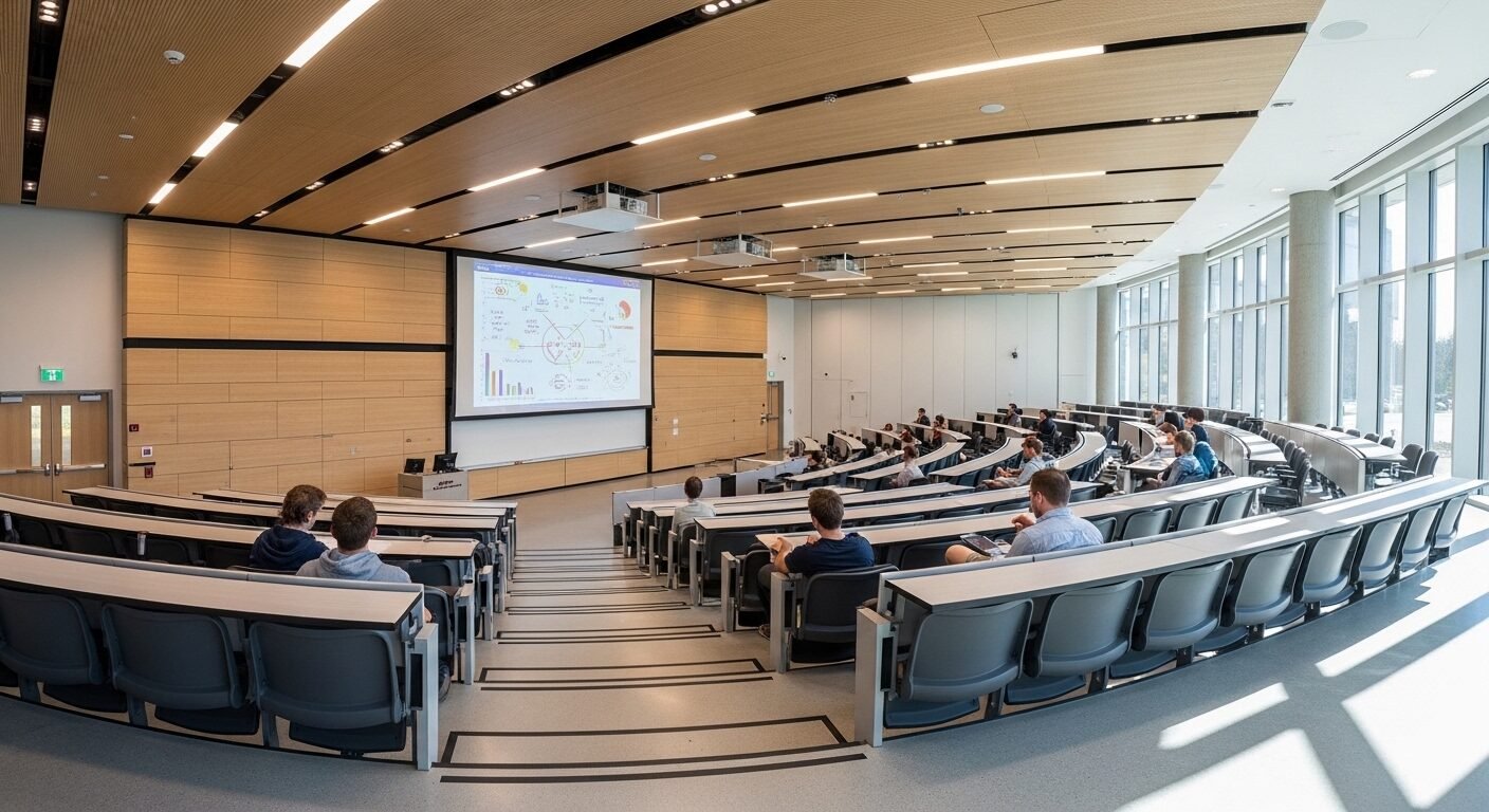 Giảng đường đại học hiện đại với ghế công thái học, màn hình chiếu lớn và ánh sáng tự nhiên, thể hiện cơ sở vật chất đẳng cấp của một trường đại học tốt nhất Hà Nội.