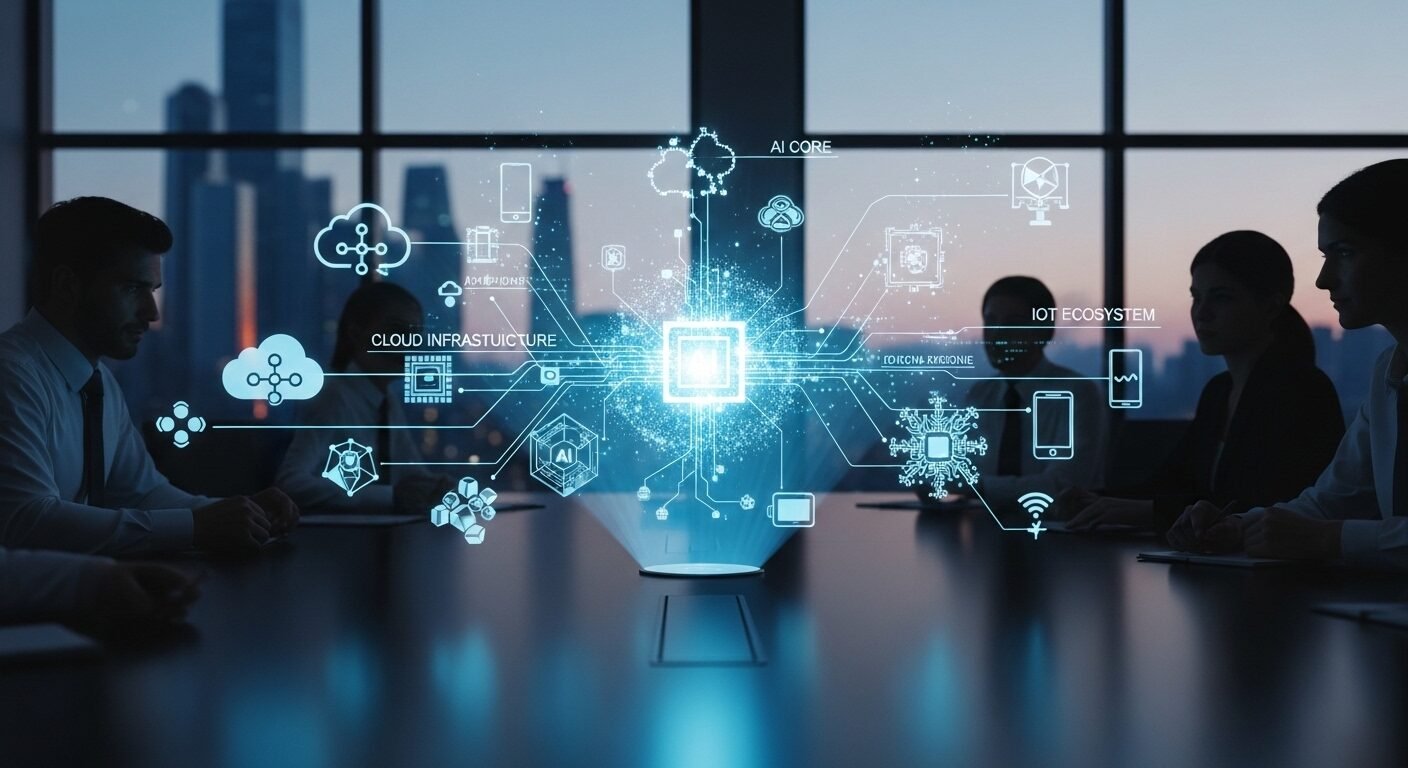 Màn hình holographic động trong phòng họp hiện đại, trình bày tích hợp AI, Cloud, IoT – những giải pháp sẽ lấp đầy nội dung bài viết trống về chiến lược kinh doanh tương lai. Màn hình holographic động trong phòng họp hiện đại, trình bày tích hợp AI, Cloud, IoT – những giải pháp sẽ lấp đầy nội dung bài viết trống về chiến lược kinh doanh tương lai.