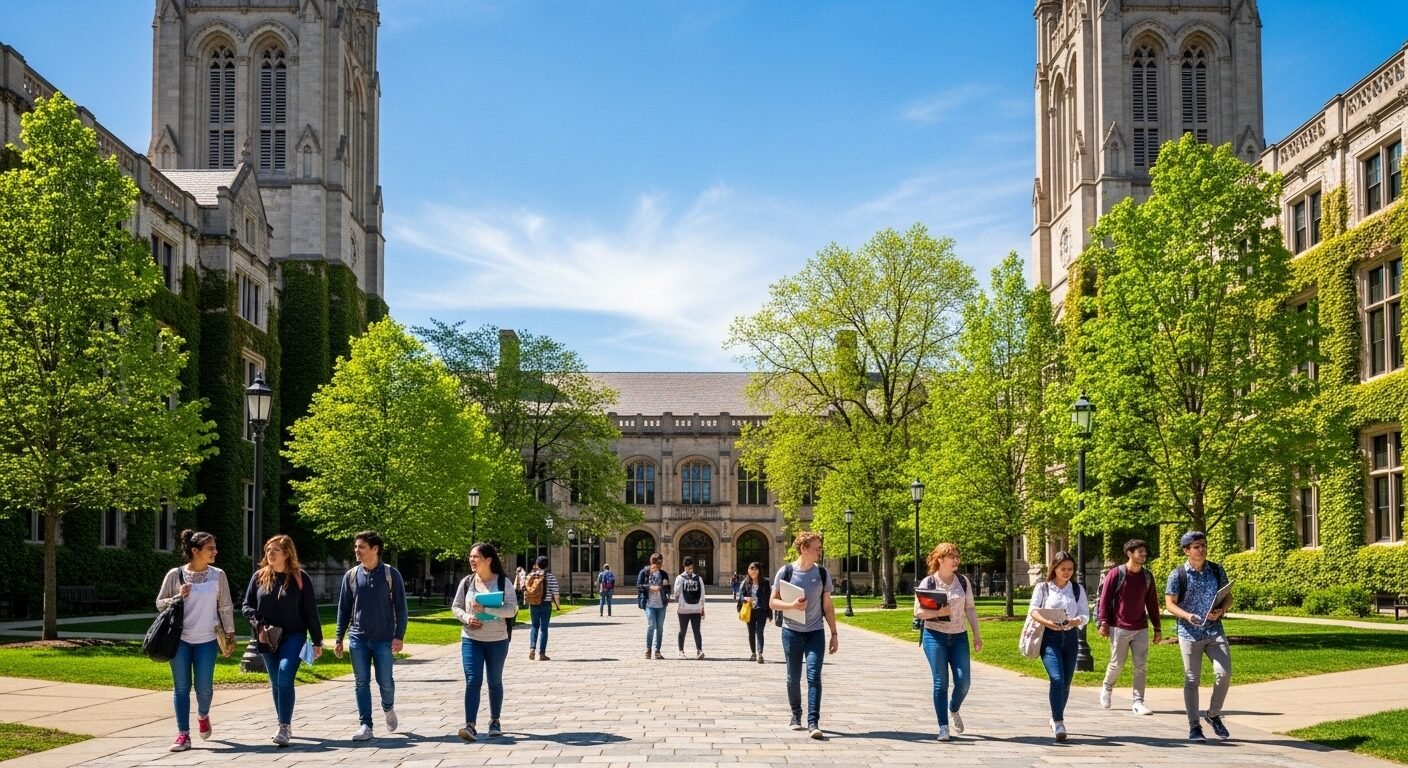 Khuôn viên đại học Hà Nội sôi động với sinh viên đi lại giữa các tòa nhà cổ kính, cây xanh rợp bóng dưới trời trong. Môi trường học tập lý tưởng cho thí sinh hướng tới điểm sàn đại học 2025 Hà Nội.