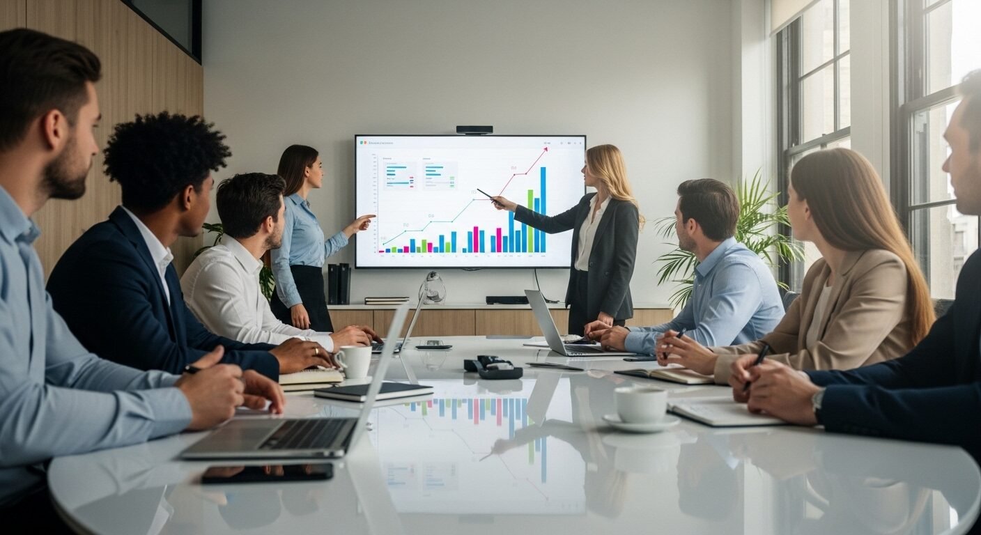 Nhóm chuyên gia trẻ đa dạng làm việc nhóm trong phòng họp hiện đại với biểu đồ tăng trưởng. Hình ảnh tượng trưng cho cơ hội và thành công từ các ngành hot du học.