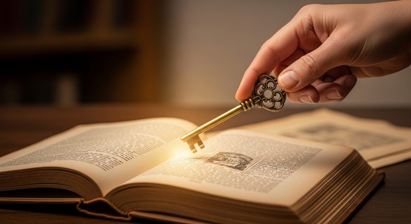 Bàn tay cầm chìa khóa vintage chiếu ánh sáng vàng lên sách cũ, mở ra kiến thức về chi phí du học.