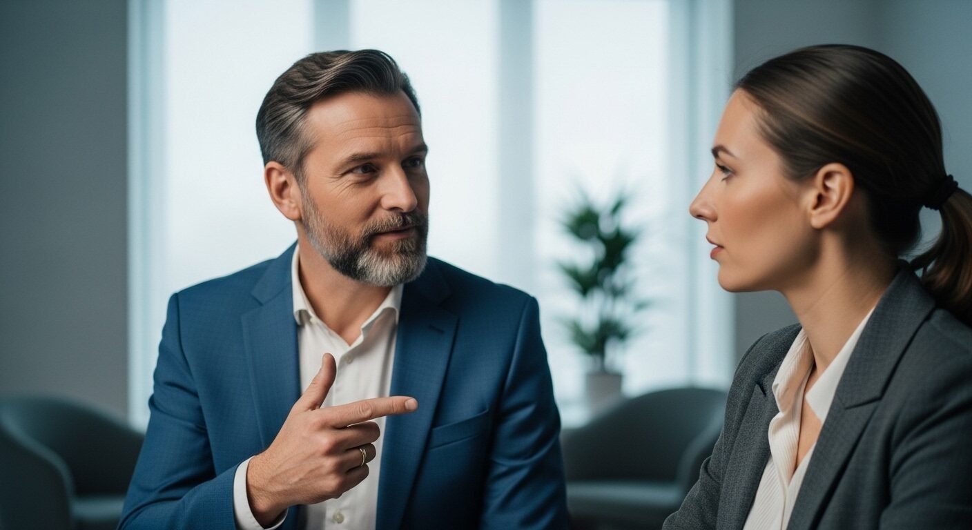 Hai chuyên gia đang trao đổi sôi nổi trong buổi phỏng vấn, tập trung vào những thông tin quan trọng hoặc chuẩn bị cho câu hỏi cuối buổi phỏng vấn.