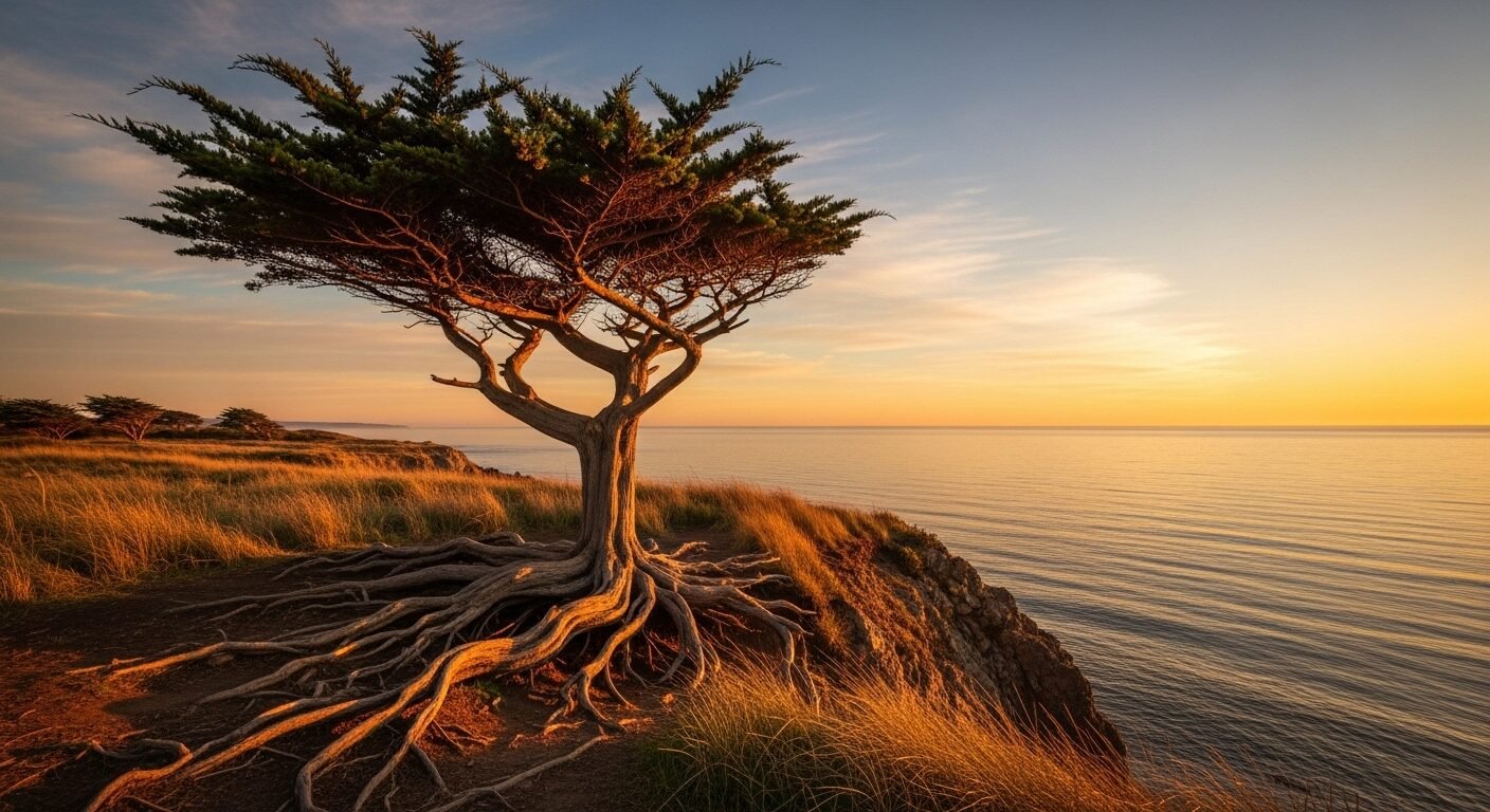 Cây cổ thụ vững chãi trên vách đá lộng gió, biểu tượng của sự kiên cường và tầm nhìn tương lai, giúp bạn tìm cách trả lời tại sao bạn nghỉ việc tại công ty cũ một cách chuyên nghiệp.