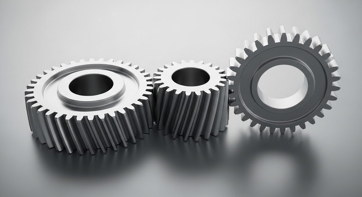 Ba bánh răng kim loại sáng bóng, ăn khớp hoàn hảo, tượng trưng cho sự phối hợp ăn ý và hiệu quả. Hình ảnh liên tưởng đến việc hiểu cách trả lời điểm mạnh khi phỏng vấn để thể hiện sự phù hợp và tối ưu hóa vai trò.