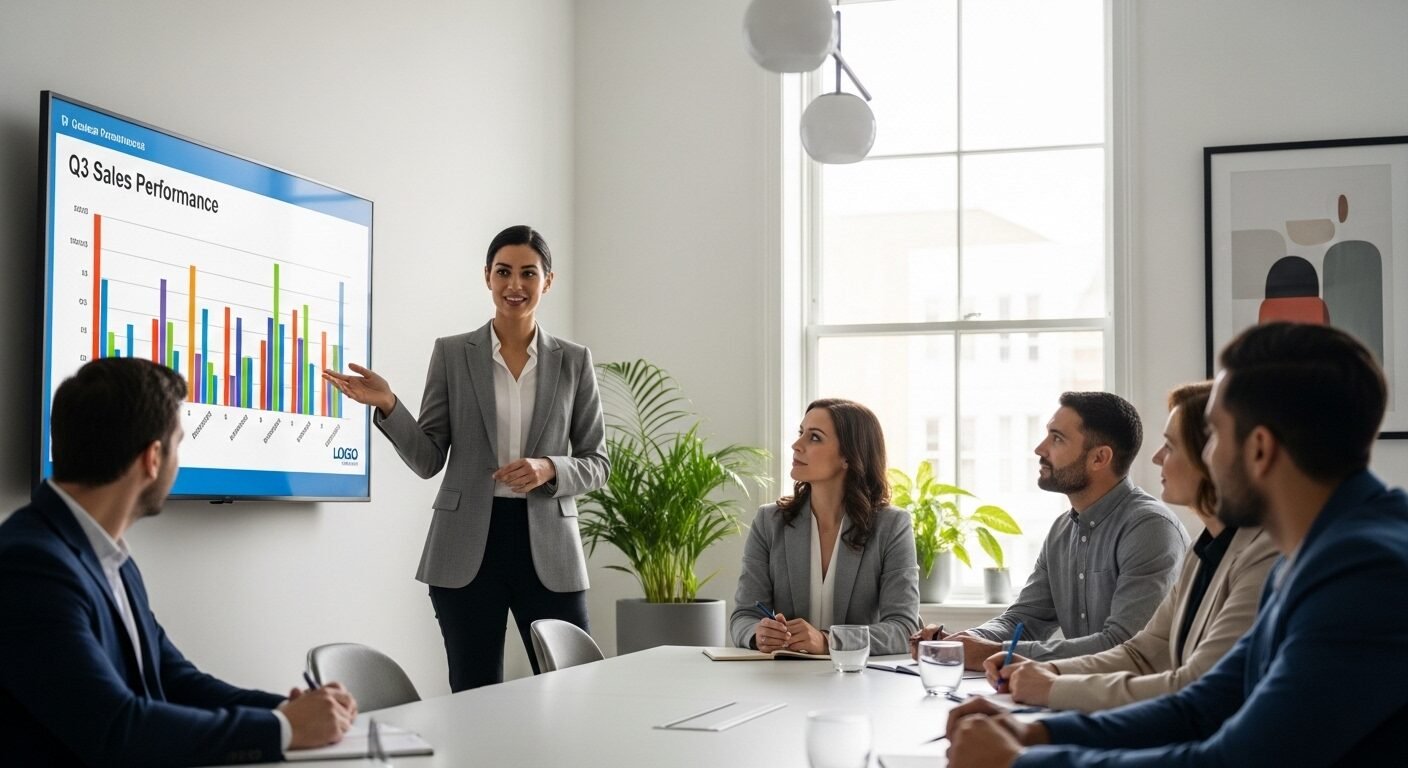 Chuyên gia tự tin thuyết trình ý tưởng kinh doanh trong phòng họp hiện đại, màn hình lớn. Hình ảnh thể hiện kỹ năng giao tiếp rõ ràng và phong thái chuyên nghiệp, yếu tố then chốt cho cách trả lời câu hỏi giới thiệu bản thân hiệu quả. Chuyên gia tự tin thuyết trình ý tưởng kinh doanh trong phòng họp hiện đại, màn hình lớn. Hình ảnh thể hiện kỹ năng giao tiếp rõ ràng và phong thái chuyên nghiệp, yếu tố then chốt cho cách trả lời câu hỏi giới thiệu bản thân hiệu quả.