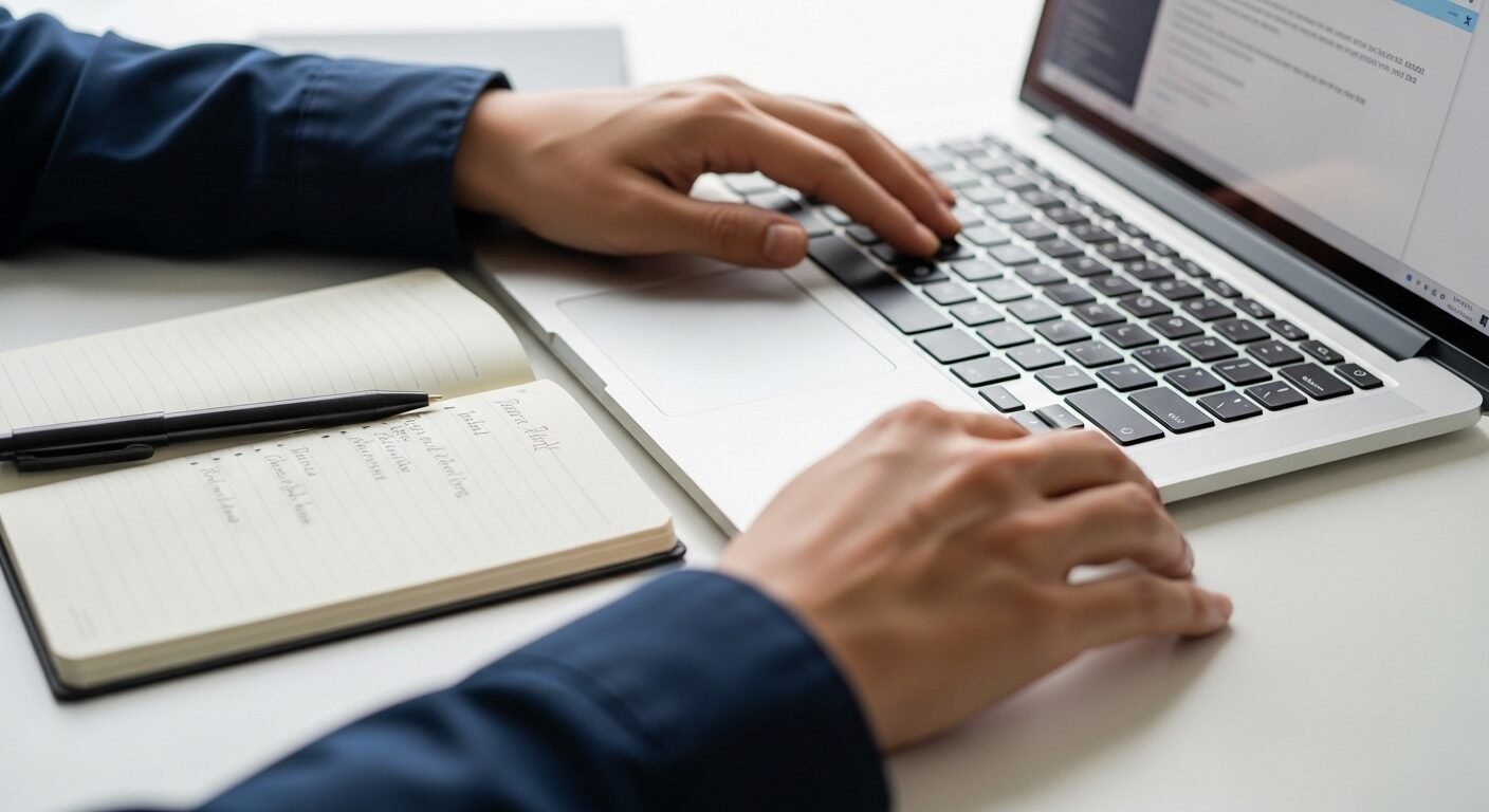 Bàn tay đang soạn email trên laptop, bên cạnh là sổ ghi chú tổng hợp kinh nghiệm phỏng vấn và các mẹo cần thiết. Bàn tay đang soạn email trên laptop, bên cạnh là sổ ghi chú tổng hợp kinh nghiệm phỏng vấn và các mẹo cần thiết.