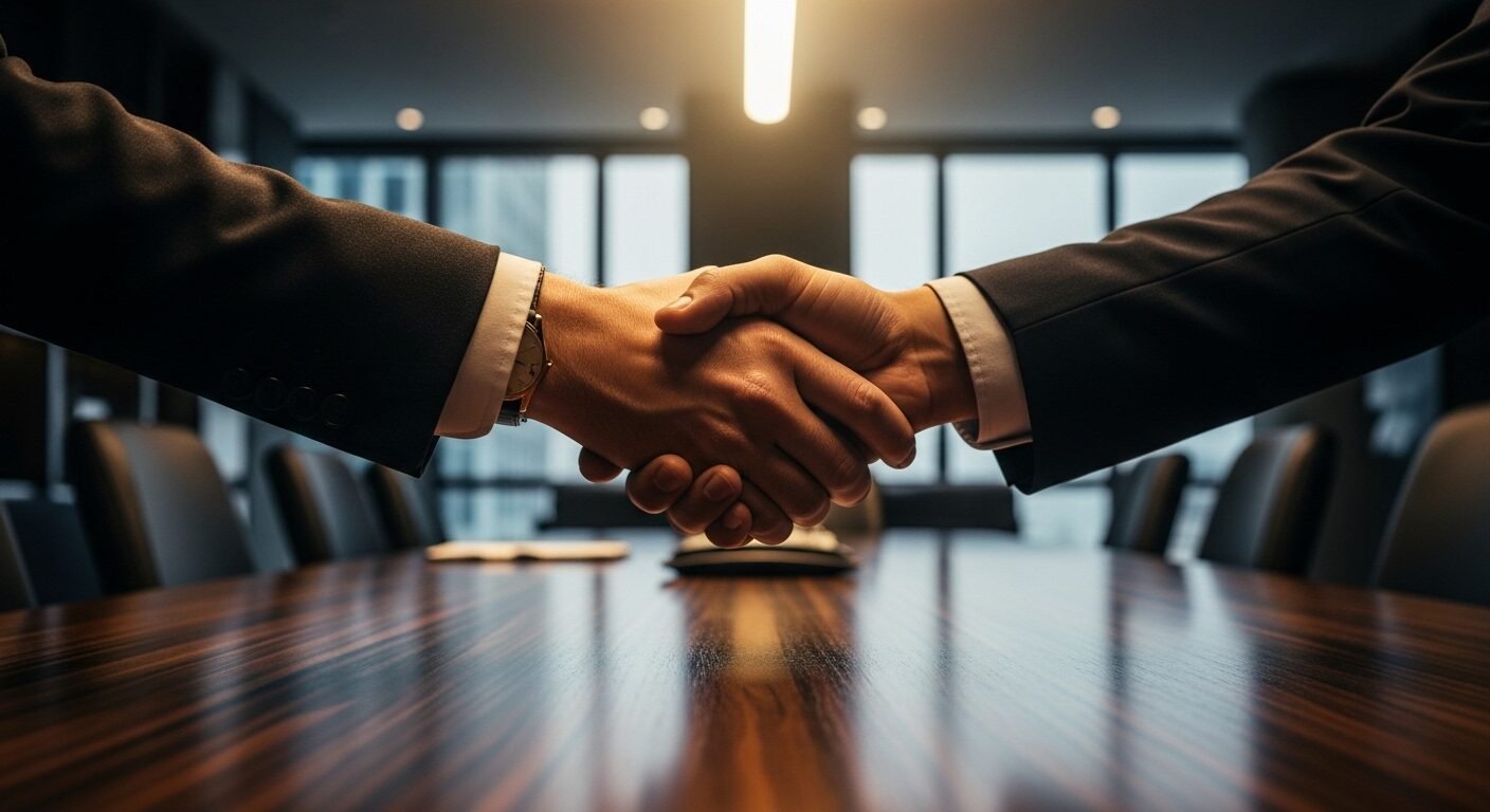 Bắt tay chuyên nghiệp, tự tin tại bàn họp, thể hiện sự chuẩn bị kỹ lưỡng và thái độ chuyên nghiệp giúp tạo ấn tượng tốt, ngay cả khi bạn đang tìm kiếm cách trả lời phỏng vấn khi chưa có kinh nghiệm.