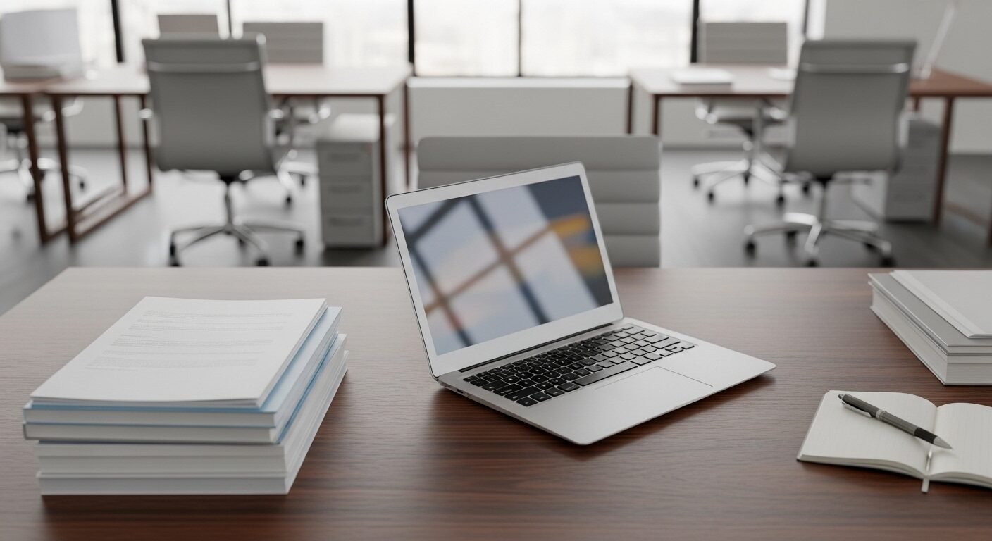 Bàn làm việc chuyên nghiệp, gọn gàng với laptop, tài liệu và bút trong văn phòng hiện đại. Đây là một yếu tố có thể tác động đến Lý do ứng viên từ chối lời mời làm việc.