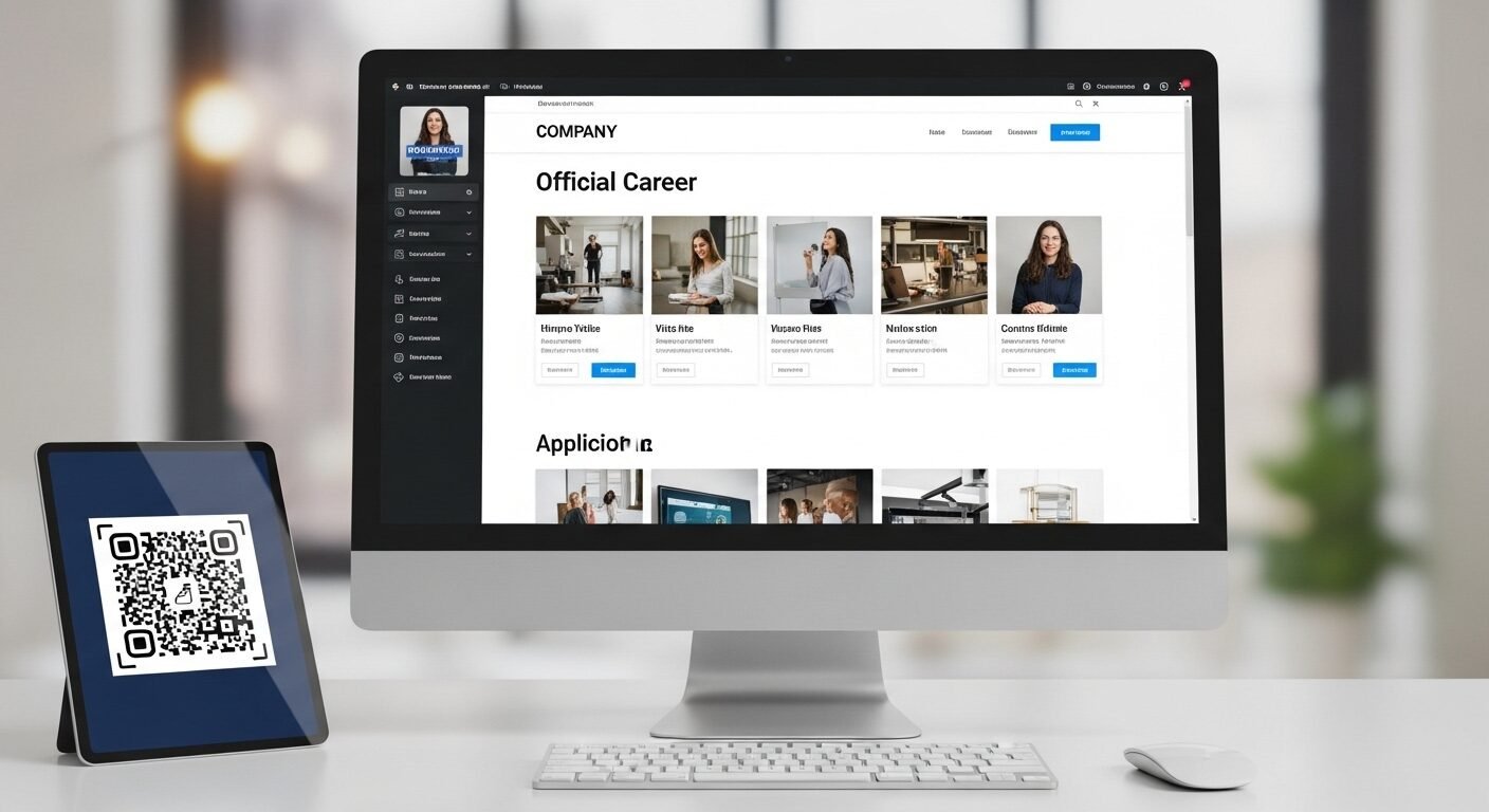 Màn hình máy tính hiển thị website TikTok tuyển dụng với các cơ hội việc làm, bên cạnh là máy tính bảng có mã QR giúp ứng viên nộp hồ sơ nhanh chóng trong không gian làm việc chuyên nghiệp.