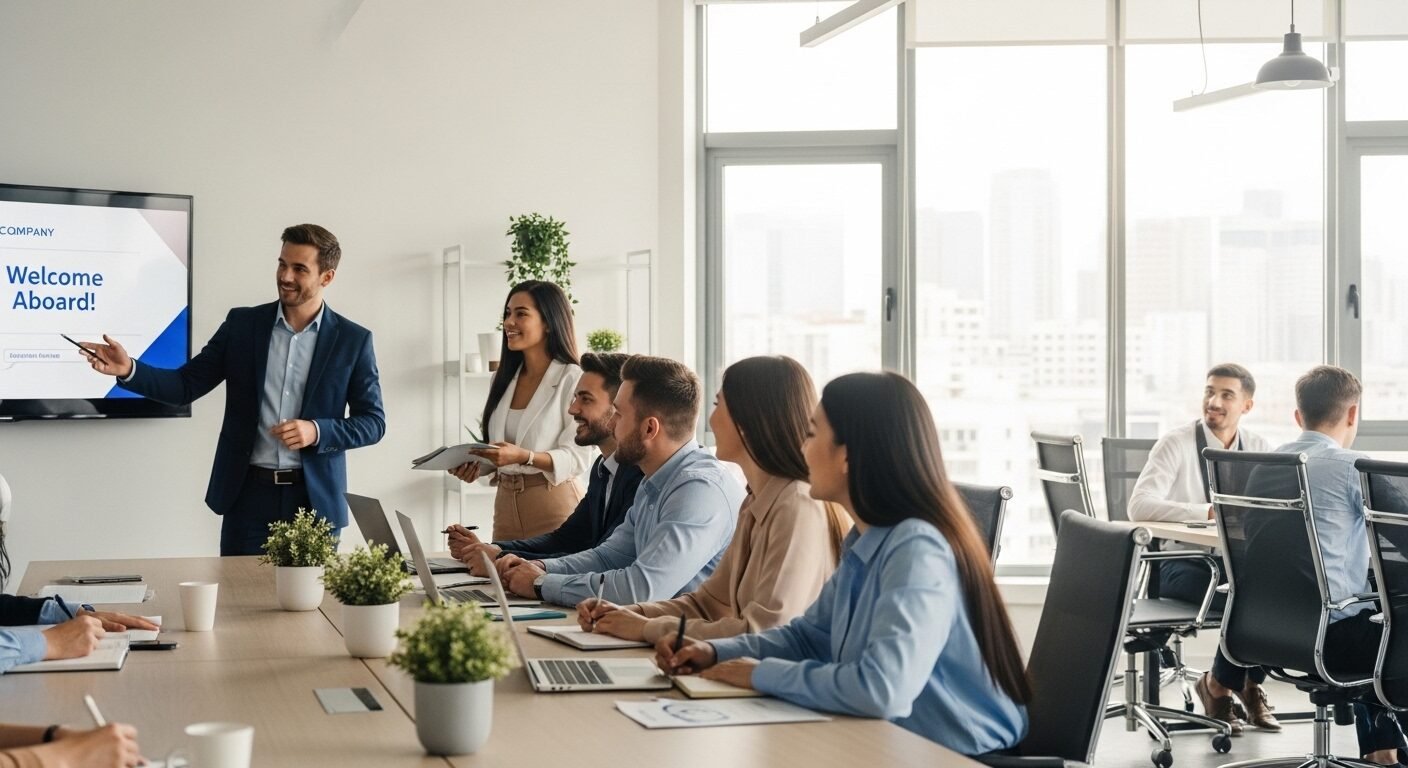 Buổi hội nhập sôi nổi của nhóm nhân viên mới tại văn phòng mở, minh chứng cho kết quả tuyển dụng mass hiệu quả với không gian chuyên nghiệp, sáng sủa.