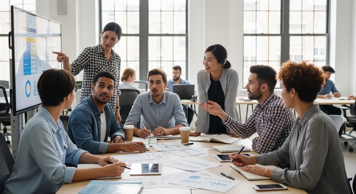 Nhóm chuyên gia trẻ đa dạng năng động hợp tác trong văn phòng hiện đại, truyền cảm hứng cho những ai đang tìm hiểu cách trả lời phỏng vấn khi chưa có kinh nghiệm để xây dựng sự nghiệp.