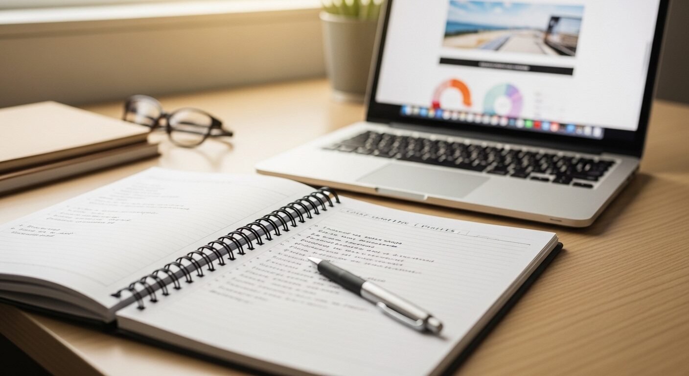 Bàn làm việc ngăn nắp với sổ ghi chú mở, laptop và bút, thể hiện sự tập trung chuẩn bị tài liệu hoặc nghiên cứu các câu hỏi phỏng vấn nhà tuyển dụng.