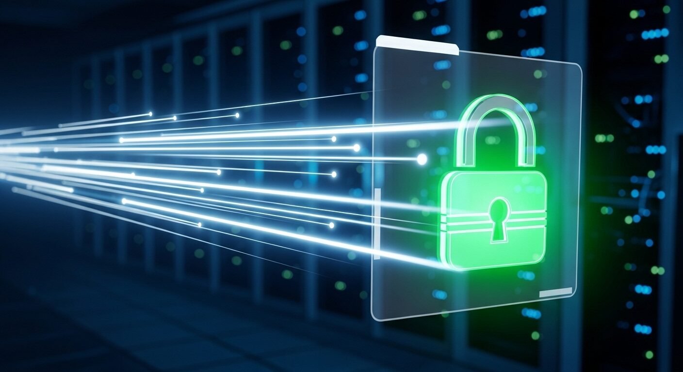 Biểu tượng ổ khóa xanh lá phát sáng thể hiện bảo mật dữ liệu và tốc độ truyền tải cao trong phòng server tương lai. Đây là những yếu tố cốt lõi trong thiết kế trang web hiện đại, đảm bảo website vận hành an toàn và nhanh chóng.