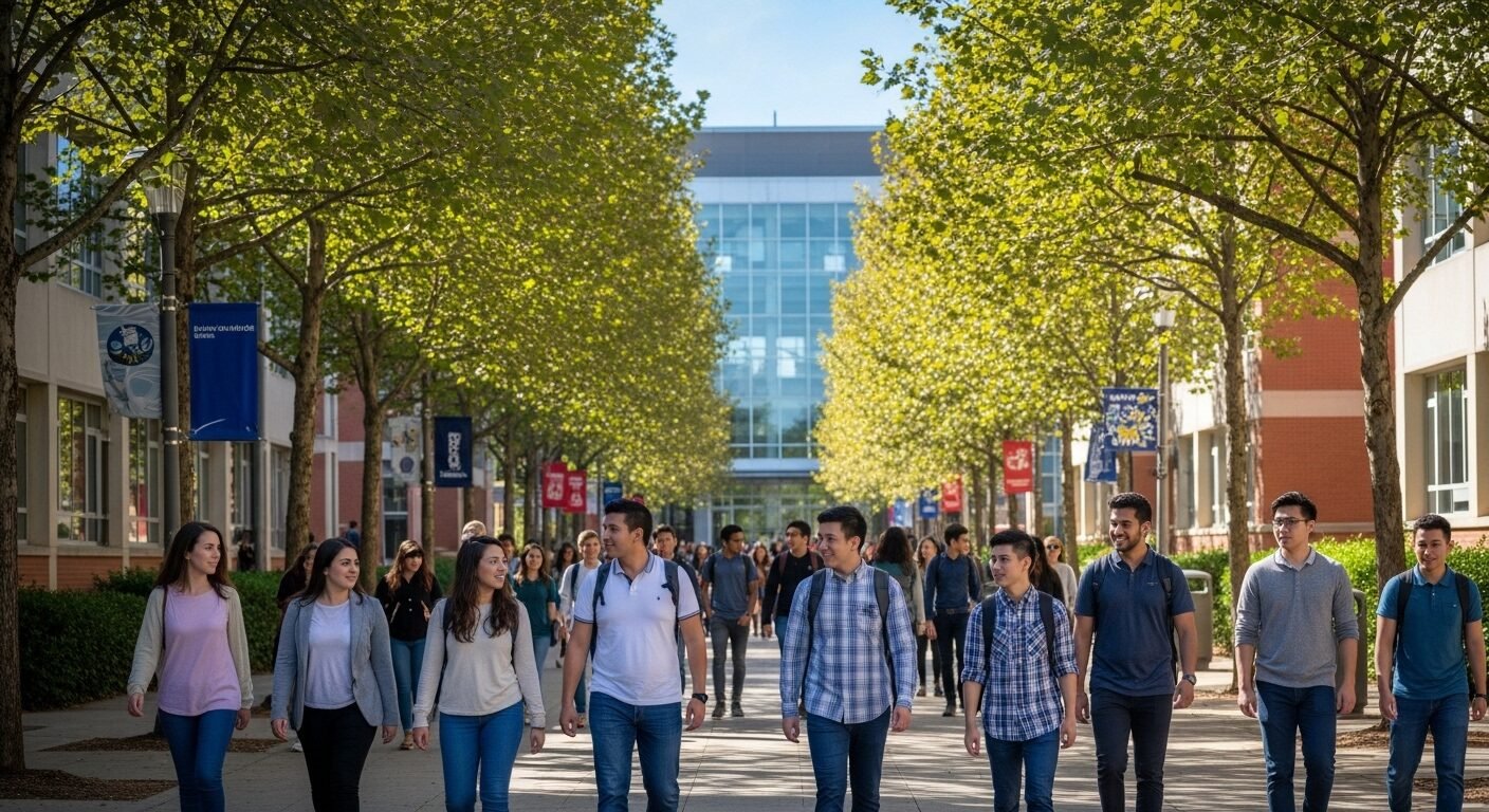 Khuôn viên đại học hiện đại với sinh viên đa dạng đang đi bộ và trò chuyện trên lối đi rợp bóng cây, dưới bầu trời xanh, là khung cảnh lý tưởng cho các ứng viên tuyển sinh đại học 2026.
