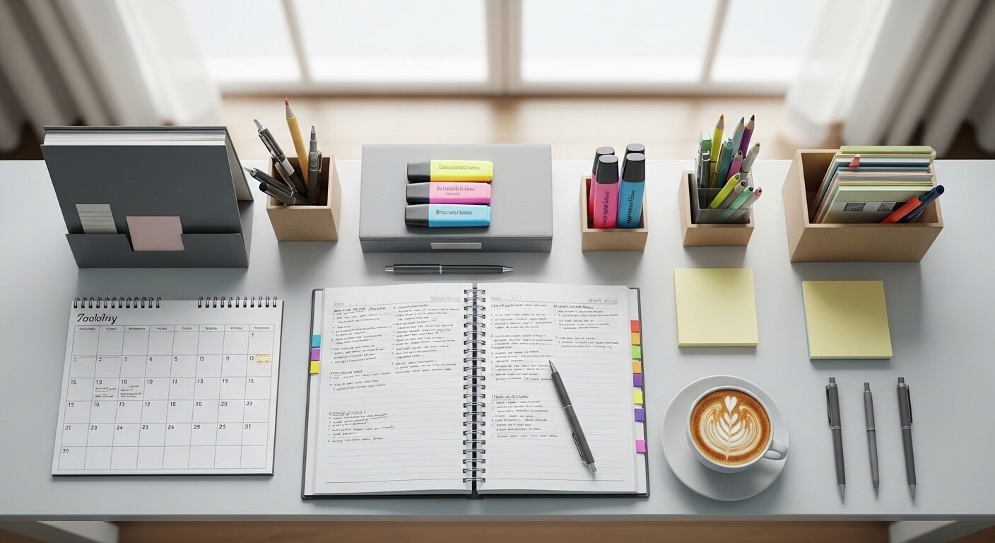 Bàn làm việc ngăn nắp từ trên cao với lịch, sổ kế hoạch và văn phòng phẩm màu sắc được sắp xếp tỉ mỉ. Phản ánh cách người Nhật chống trì hoãn qua sự tổ chức khoa học và chuẩn bị kỹ lưỡng. Bàn làm việc ngăn nắp từ trên cao với lịch, sổ kế hoạch và văn phòng phẩm màu sắc được sắp xếp tỉ mỉ. Phản ánh cách người Nhật chống trì hoãn qua sự tổ chức khoa học và chuẩn bị kỹ lưỡng.