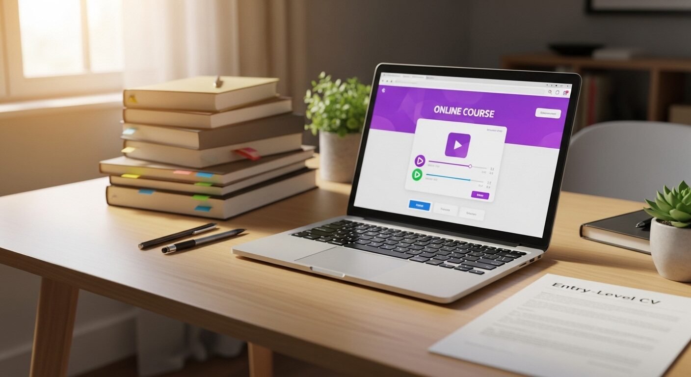 Bàn làm việc gọn gàng với sách vở, laptop và mẫu CV nhân viên văn phòng đang được chuẩn bị, trong không gian học tập yên bình.