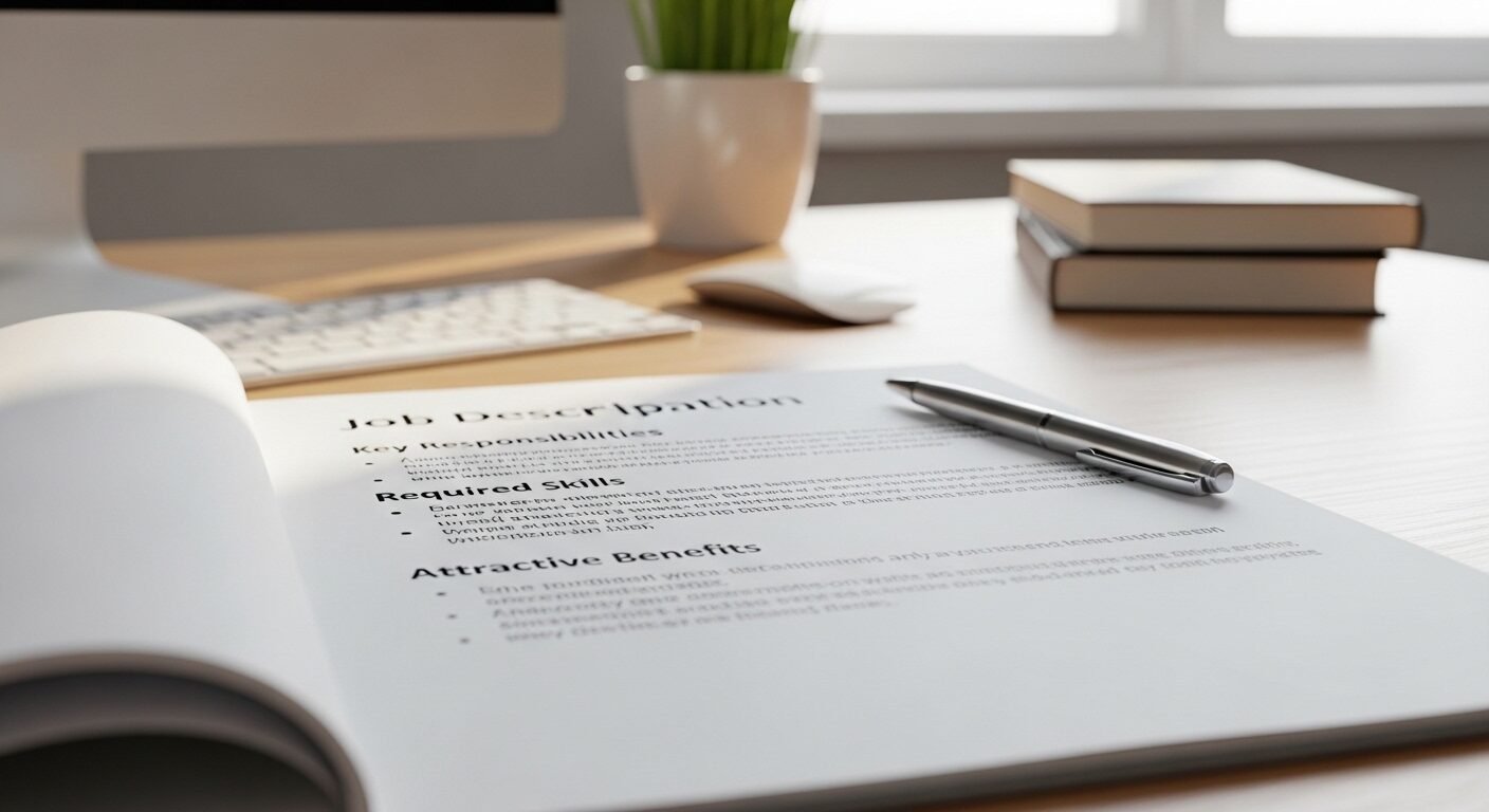 Bản mô tả công việc chi tiết trên bàn làm việc, bao gồm trách nhiệm, kỹ năng và phúc lợi, là thành phần quan trọng của mẫu kế hoạch tuyển dụng chuyên nghiệp.