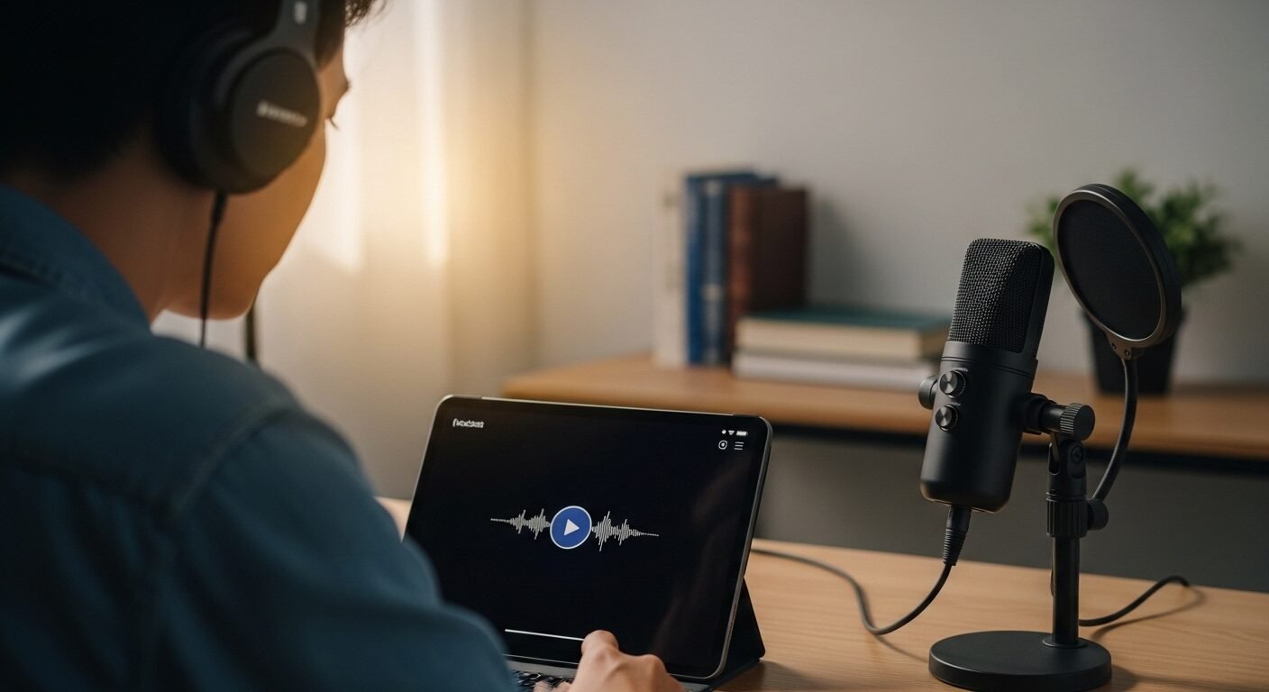 Một người đang tập trung nghe bài học phỏng vấn xin việc bằng tiếng Anh trên máy tính bảng với tai nghe, kèm micro để thực hành nói. Một người đang tập trung nghe bài học phỏng vấn xin việc bằng tiếng Anh trên máy tính bảng với tai nghe, kèm micro để thực hành nói.