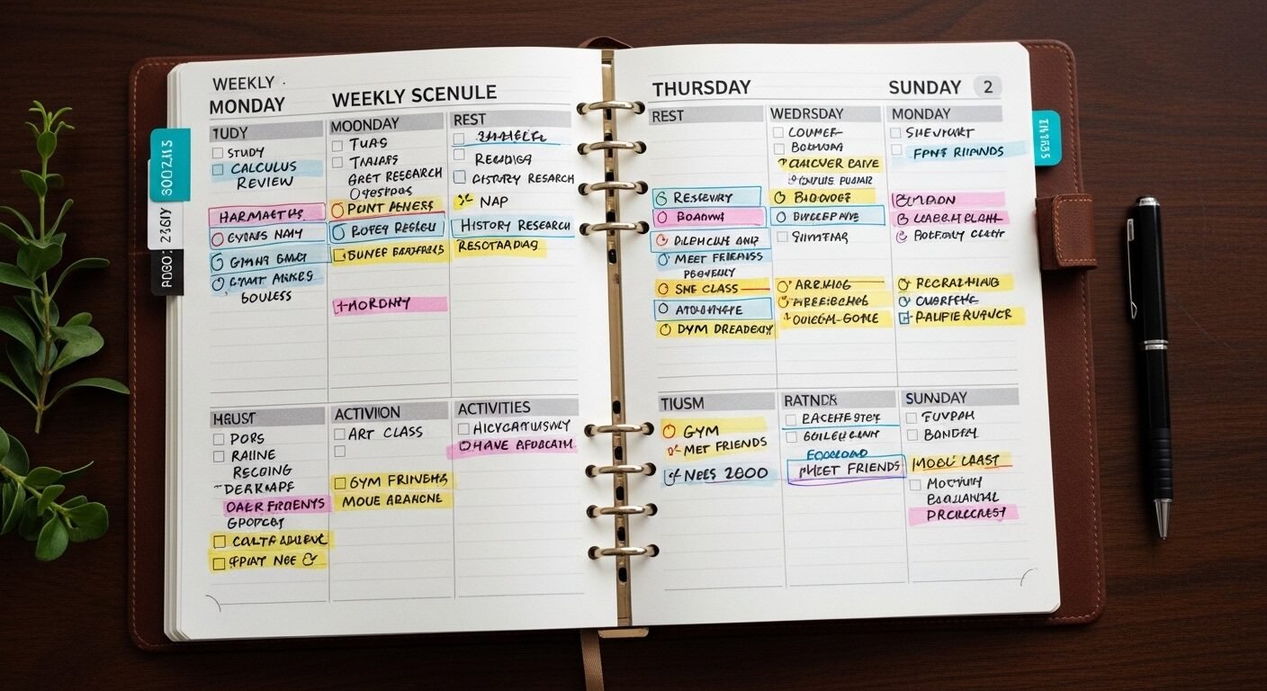 Sổ kế hoạch tuần được sắp xếp khoa học, cân đối giữa học tập, nghỉ ngơi và hoạt động, cho thấy sự chuẩn bị tỉ mỉ cho đề thi tốt nghiệp THPT 2026. Đồng hồ cổ điển ở hậu cảnh.