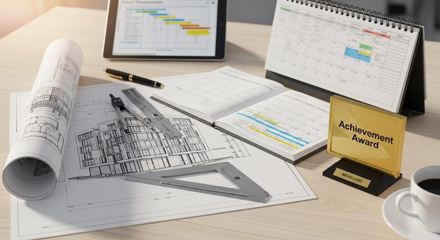 Bản kế hoạch dự án, lịch trình tổ chức và giải thưởng nhỏ, tượng trưng cho các kỹ năng và thành tựu đã thể hiện. Hình ảnh gợi ý cách trả lời phỏng vấn khi chưa có kinh nghiệm hiệu quả bằng việc chứng minh năng lực thực tế.