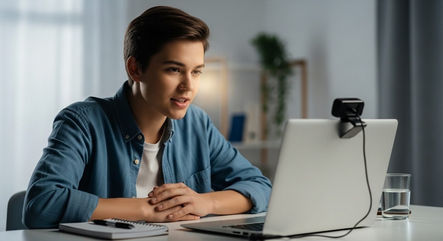 Thanh niên tự tin thực hành trả lời phỏng vấn khi chưa có kinh nghiệm trước màn hình laptop trong buổi phỏng vấn thử tại nhà. Thanh niên tự tin thực hành trả lời phỏng vấn khi chưa có kinh nghiệm trước màn hình laptop trong buổi phỏng vấn thử tại nhà.