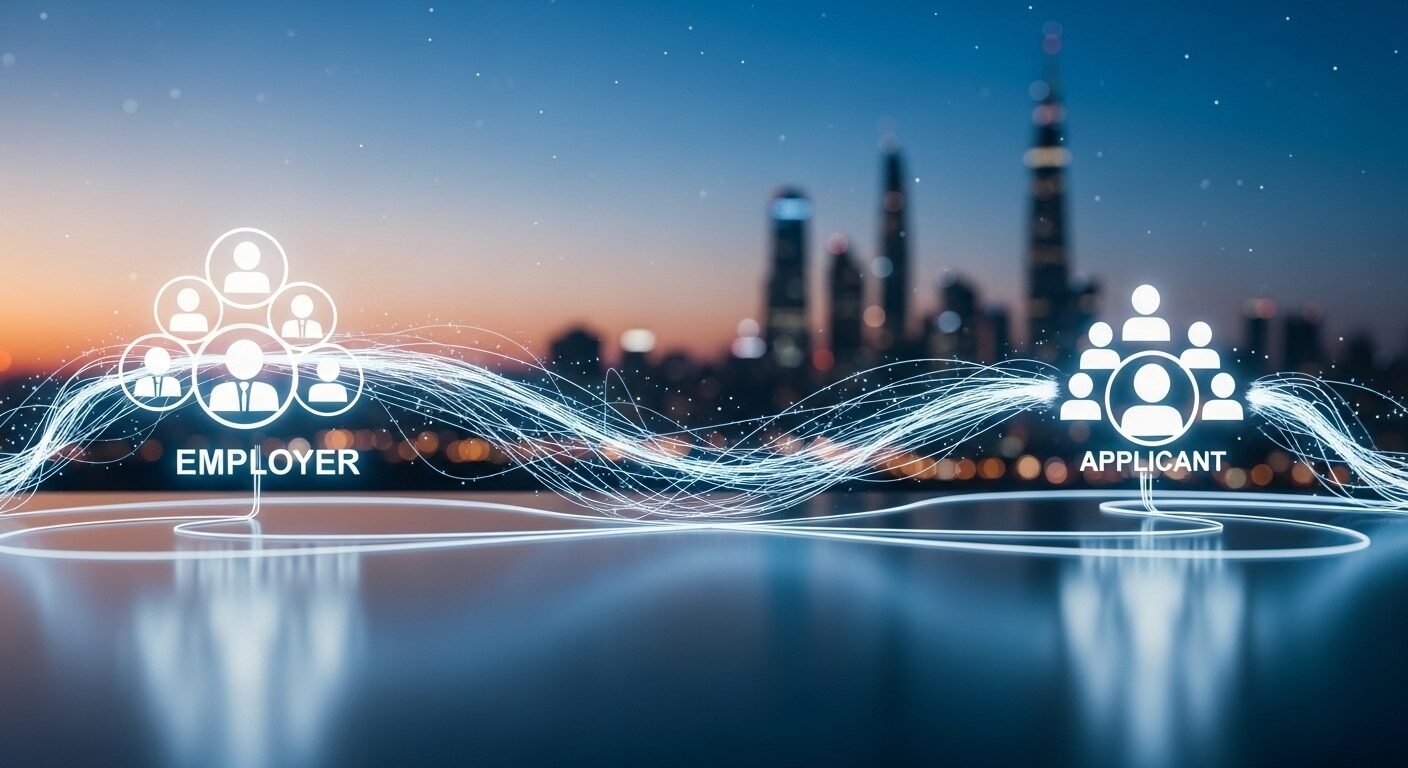 Hình ảnh kỹ thuật số mô tả các đường ánh sáng kết nối biểu tượng nhà tuyển dụng và ứng viên, thể hiện sức mạnh liên kết toàn cầu của một trang tuyển dụng uy tín, với phông nền thành phố hiện đại lúc hoàng hôn. Hình ảnh kỹ thuật số mô tả các đường ánh sáng kết nối biểu tượng nhà tuyển dụng và ứng viên, thể hiện sức mạnh liên kết toàn cầu của một trang tuyển dụng uy tín, với phông nền thành phố hiện đại lúc hoàng hôn.
