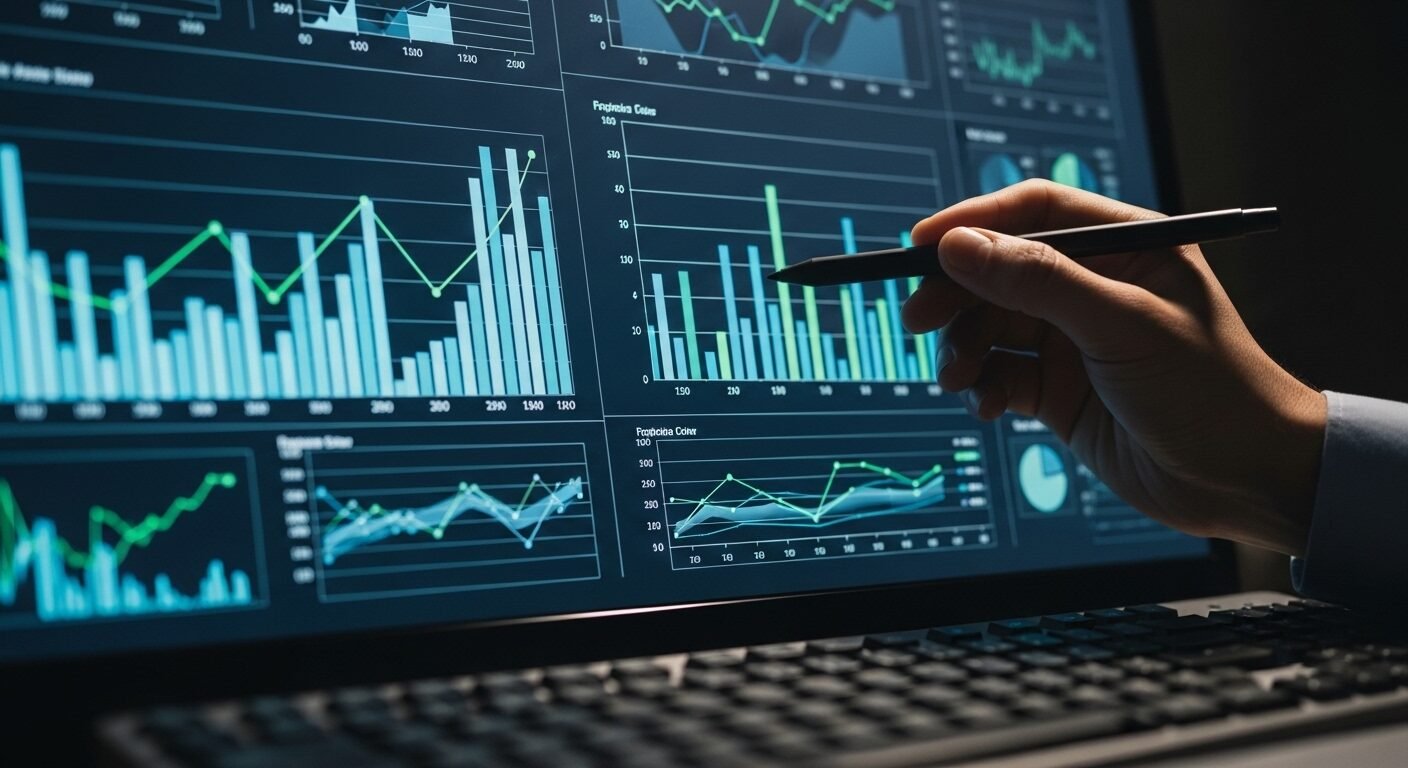 Màn hình máy tính hiển thị biểu đồ và đồ thị chuyên nghiệp, với một tay dùng bút stylus chỉ vào dữ liệu. Hình ảnh minh họa quá trình phân tích số liệu cần thiết khi tìm hiểu cách làm báo cáo thực tập. Màn hình máy tính hiển thị biểu đồ và đồ thị chuyên nghiệp, với một tay dùng bút stylus chỉ vào dữ liệu. Hình ảnh minh họa quá trình phân tích số liệu cần thiết khi tìm hiểu cách làm báo cáo thực tập.