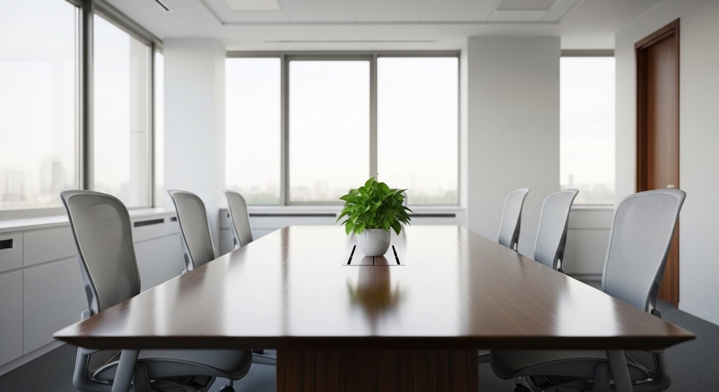 Phòng phỏng vấn văn phòng tối giản, hiện đại với bàn gỗ tối màu, hai ghế ergonomic và chậu cây xanh nhỏ, tràn ngập ánh sáng tự nhiên. Không gian lý tưởng để chuẩn bị cách trả lời phỏng vấn xin việc thành công. Phòng phỏng vấn văn phòng tối giản, hiện đại với bàn gỗ tối màu, hai ghế ergonomic và chậu cây xanh nhỏ, tràn ngập ánh sáng tự nhiên. Không gian lý tưởng để chuẩn bị cách trả lời phỏng vấn xin việc thành công.