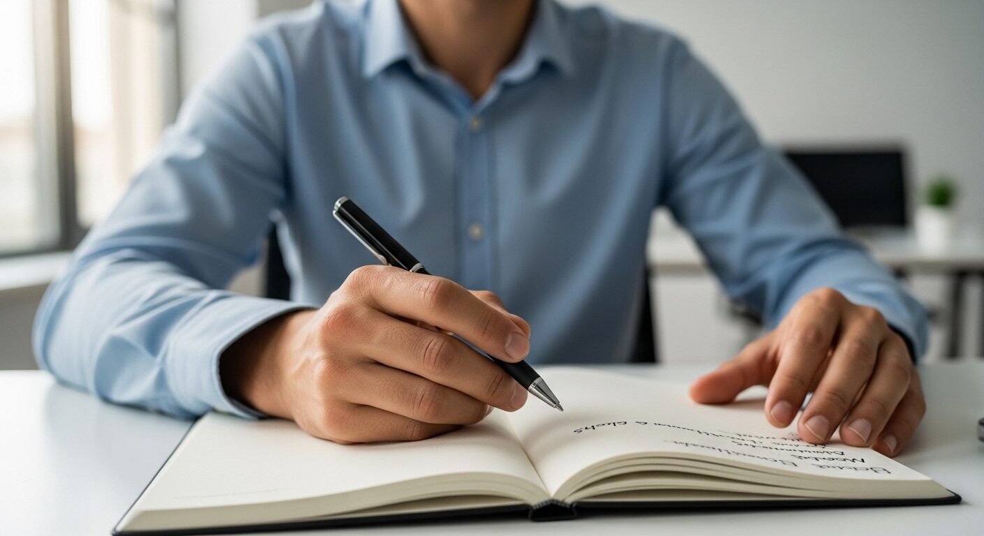 Người tập trung ghi chú trong sổ, rèn luyện kỹ năng phỏng vấn xin việc hiệu quả. Người tập trung ghi chú trong sổ, rèn luyện kỹ năng phỏng vấn xin việc hiệu quả.